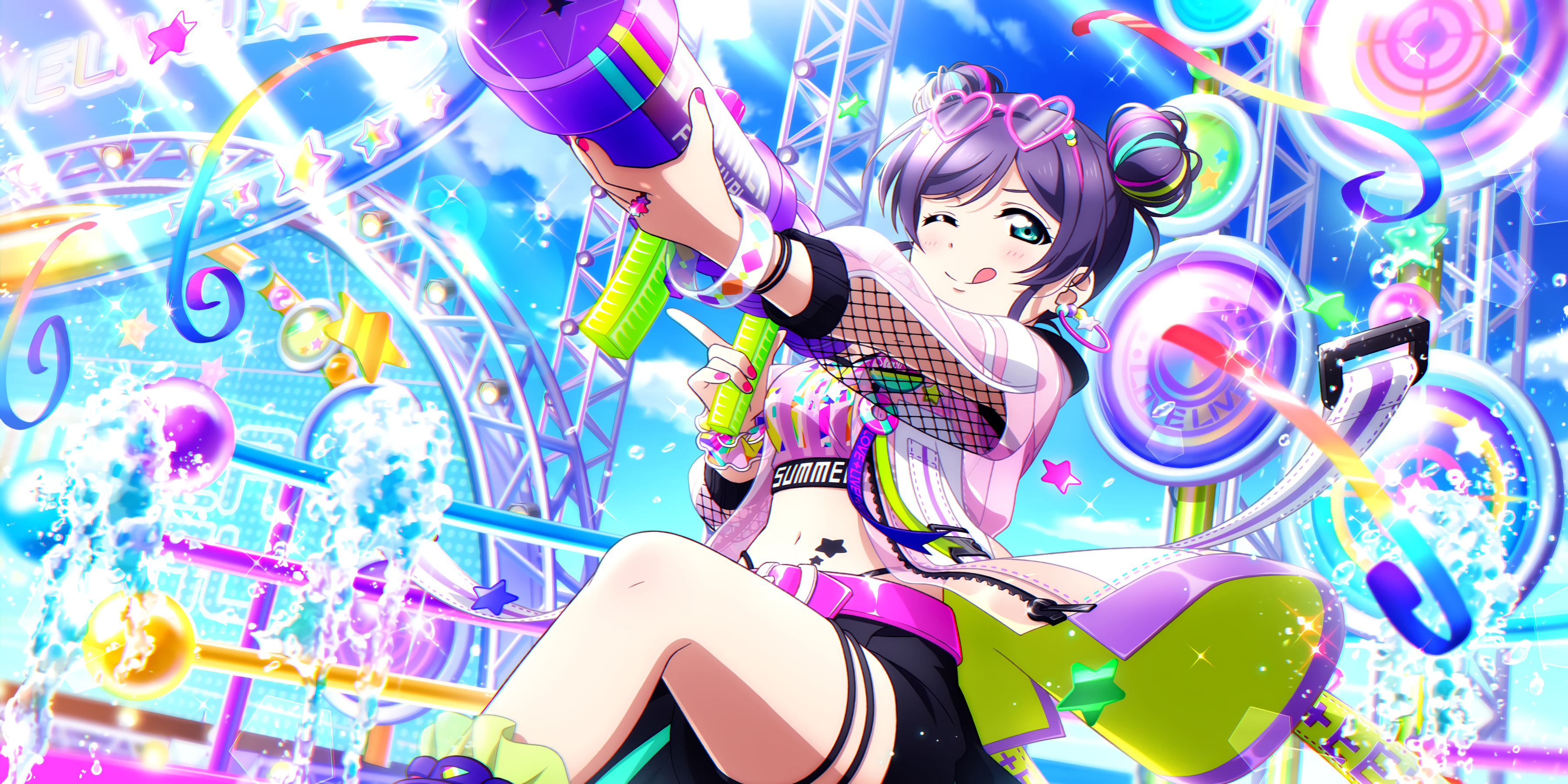 tongue out, tongues, anime girls, painted nails, aqua eyes, one eye closed, Toujou Nozomi, colorful, pink nails, anime, Love Live!, purple hair, Love Live Series HD Wallpaper