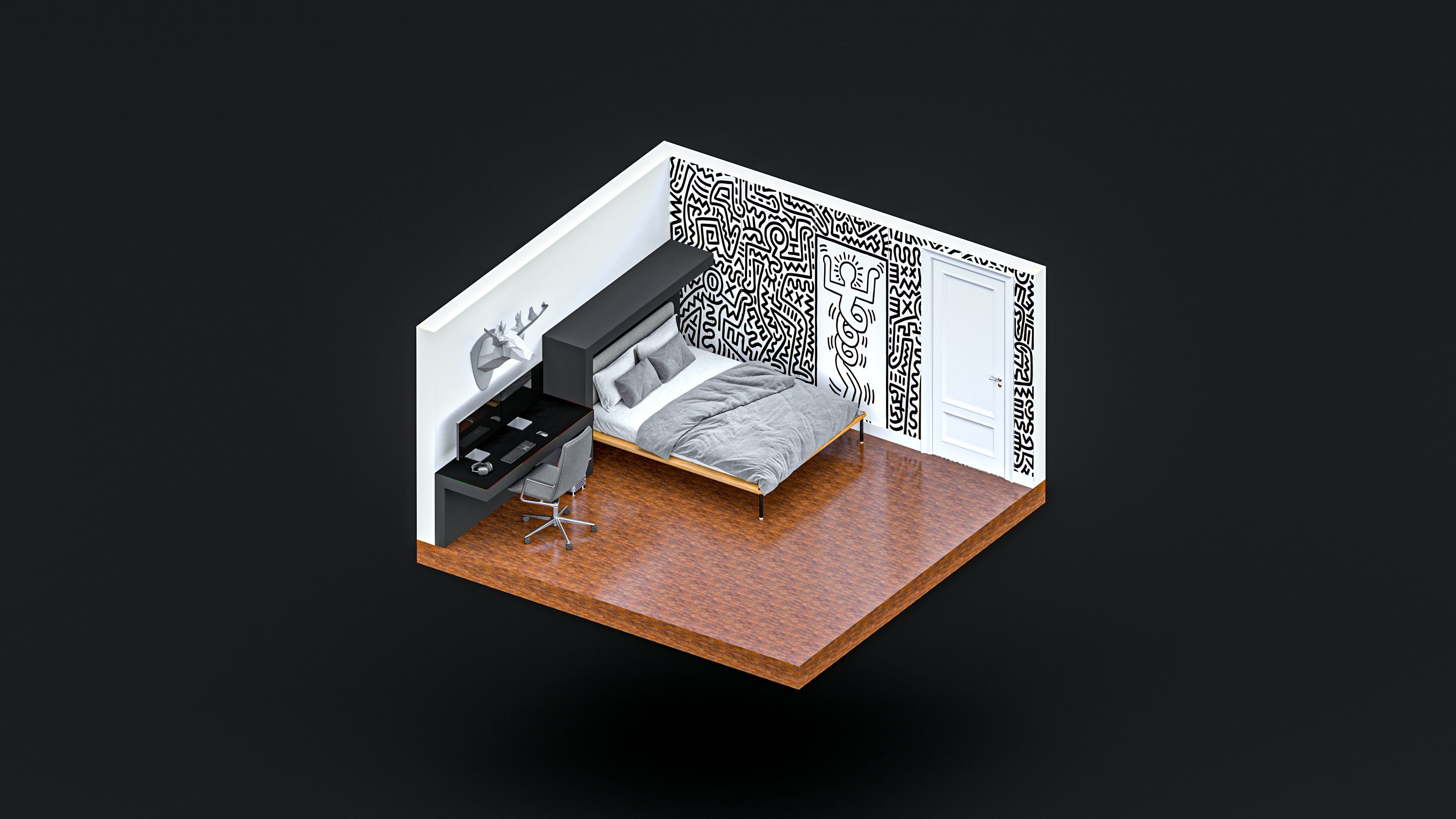 4K, bedroom, Keith Haring, interior, minimalism, room, simple background, black background, digital art, CGI, isometric, render HD Wallpaper