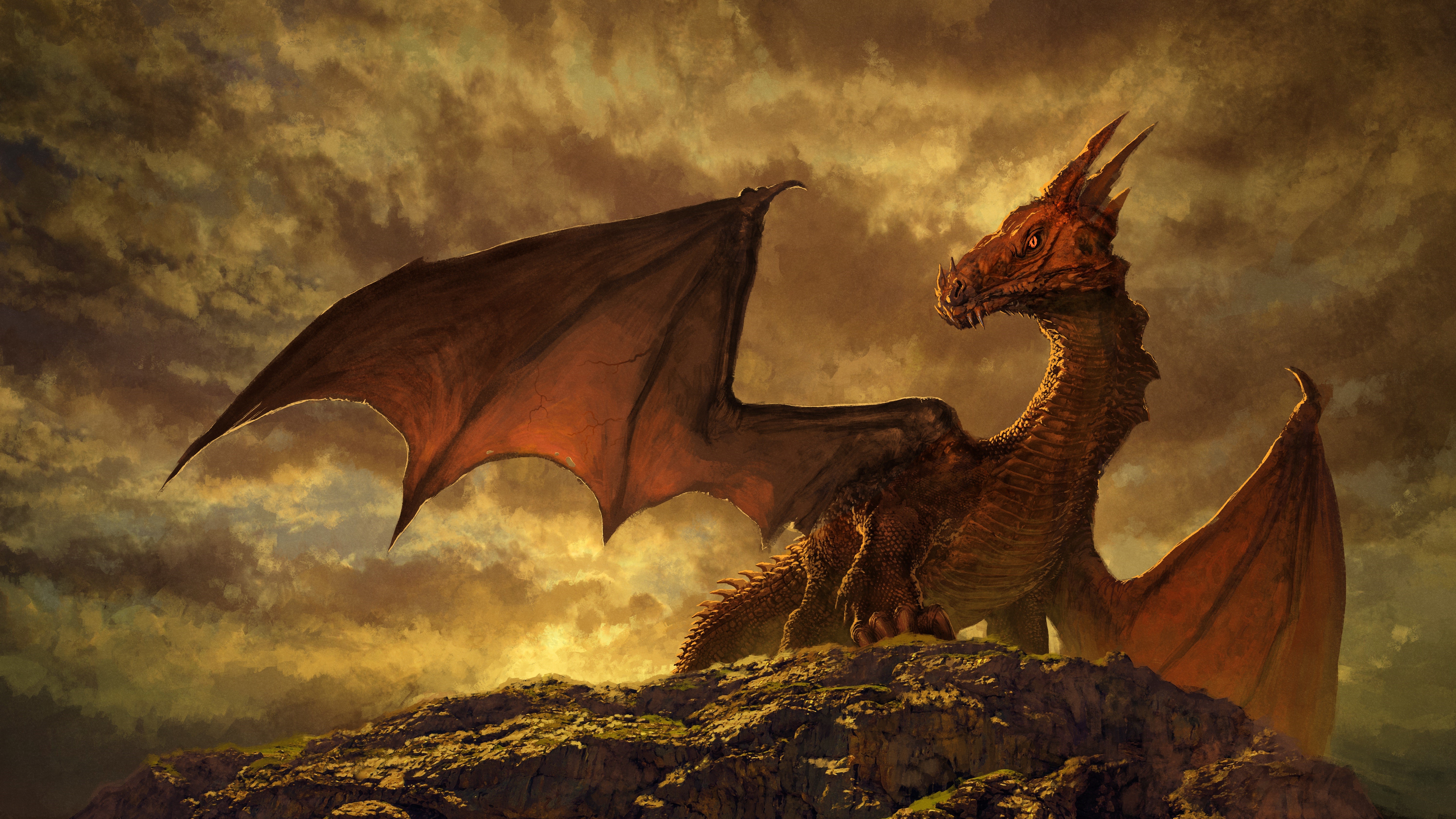 4K, fantasy art, artwork, dragon, wings, hills, creature, digital art, sky, rock HD Wallpaper
