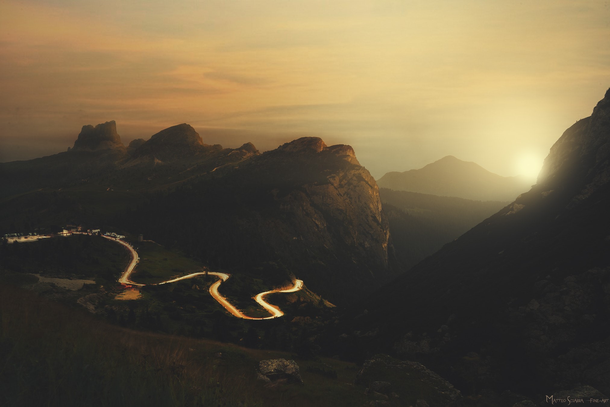 cliff, sky, sunlight, road, landscape, bright, horizon, Matteo Sciarra, trees HD Wallpaper