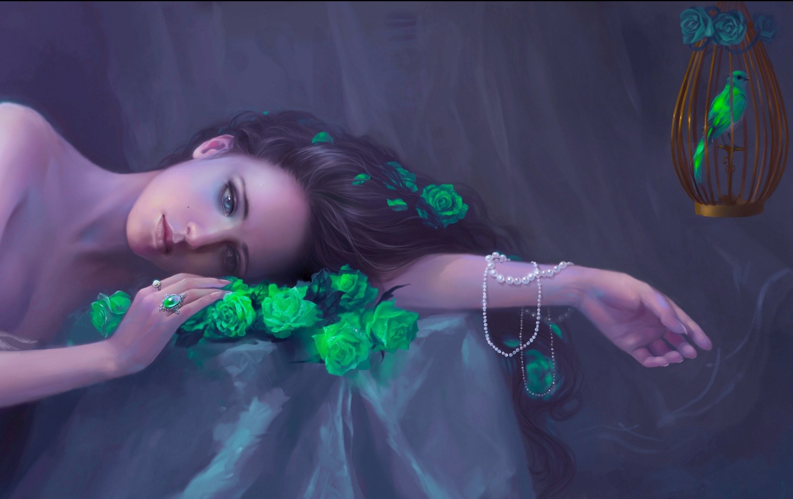 artwork, animals, women, portrait, looking away, birds, rings, blue eyes, hands, face, birdcage HD Wallpaper