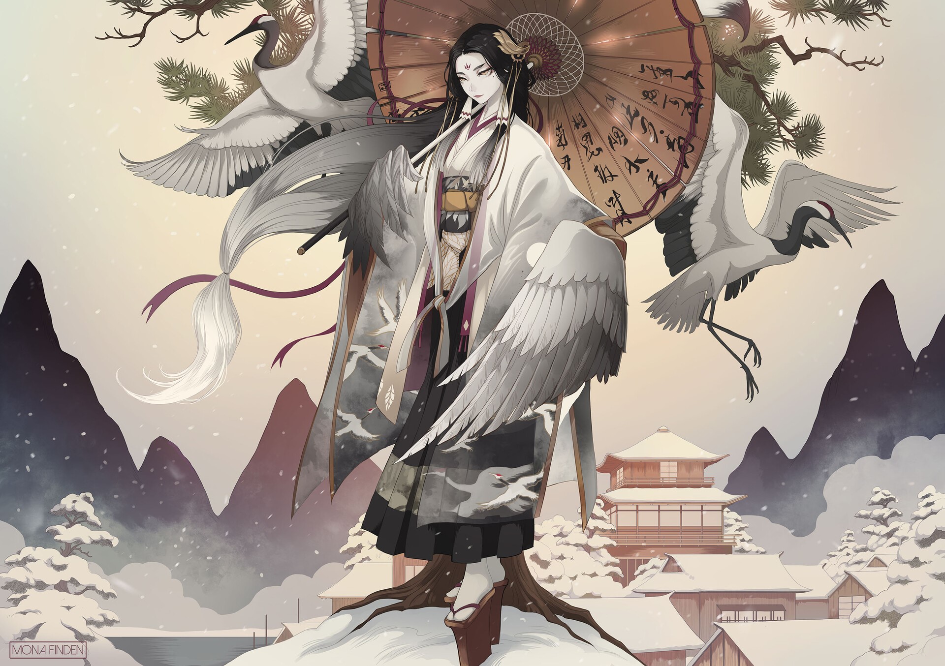 Asian architecture, snow, digital art, cranes (bird), Mona Finden, mountains HD Wallpaper