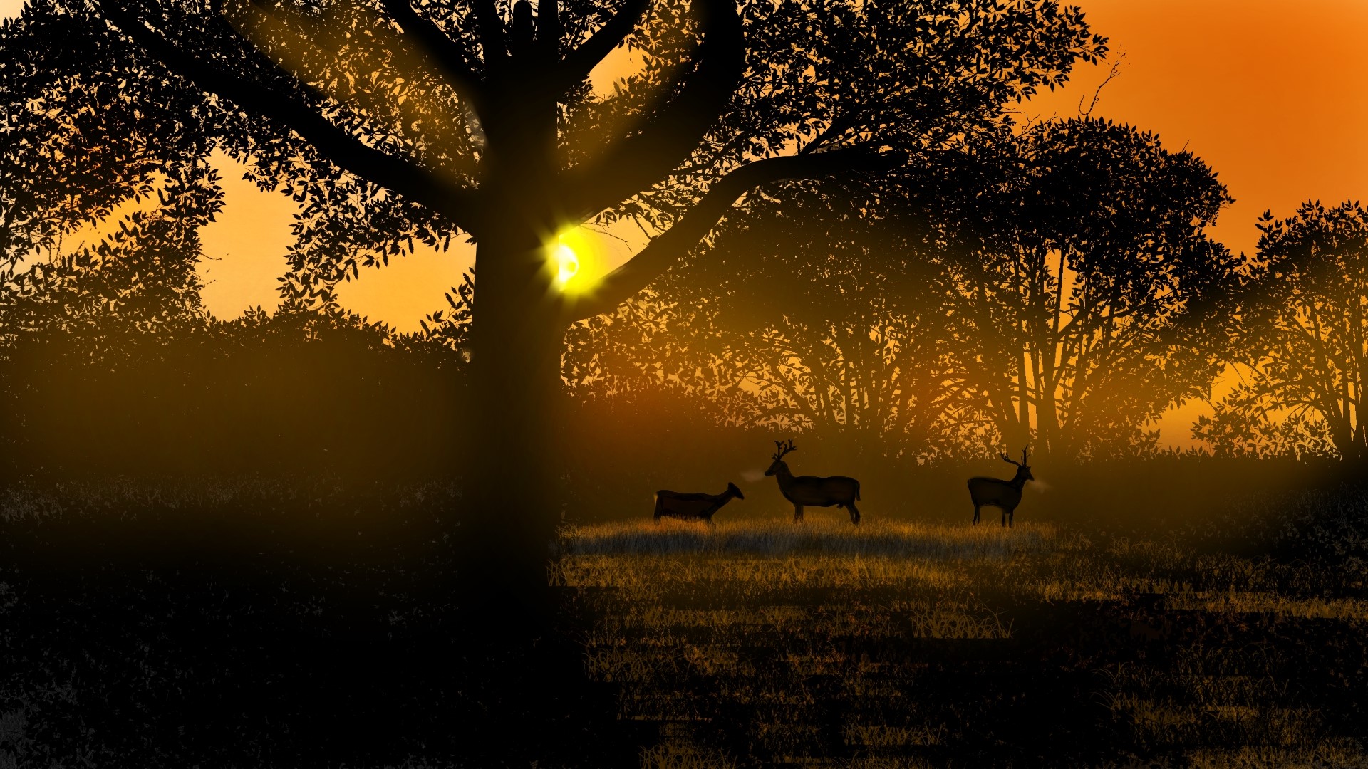 sunset, nature, digital painting, landscape, animals HD Wallpaper