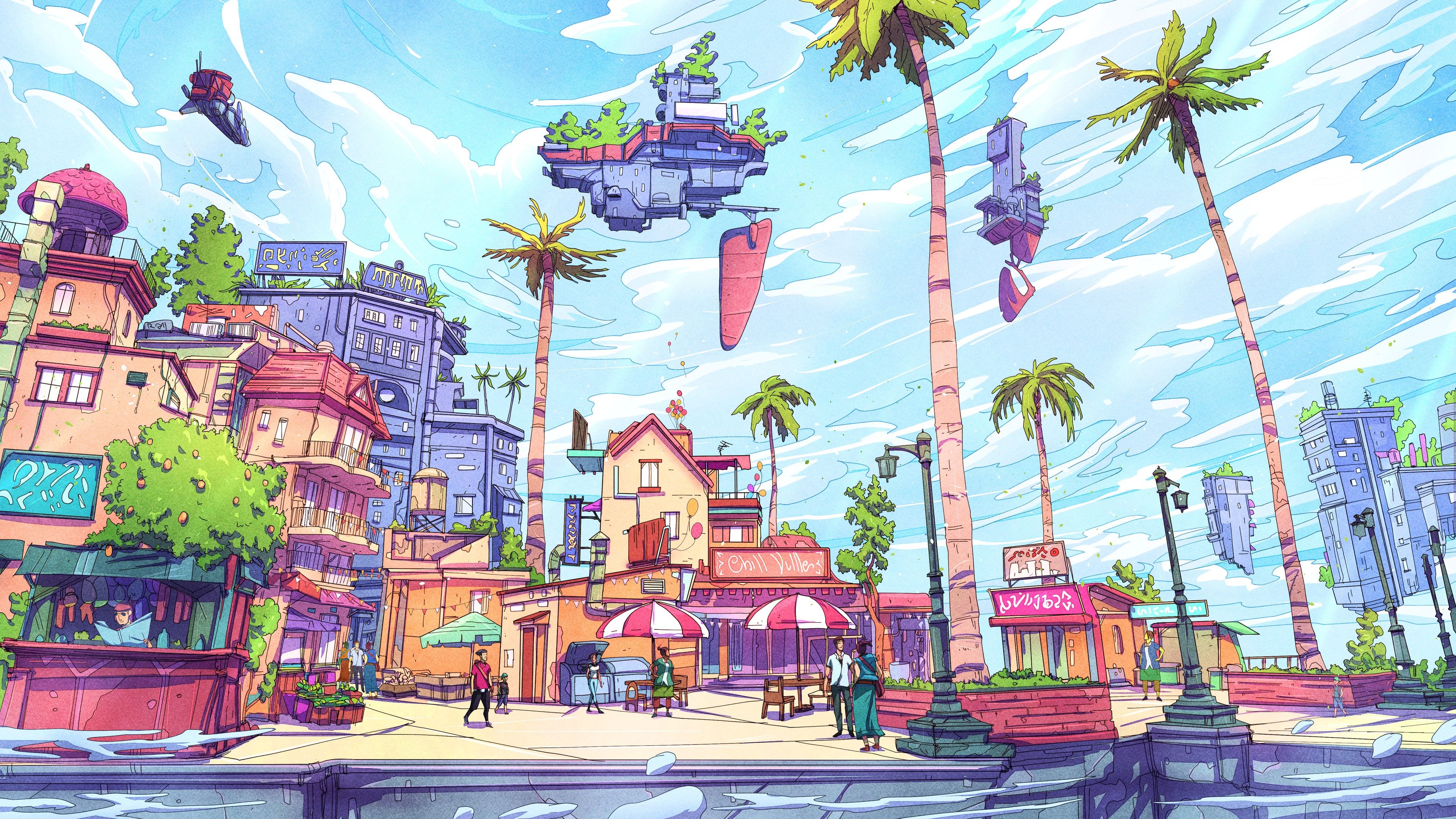 4K, fantasy art, palm trees, Christian Benavides, digital art, surreal, city HD Wallpaper