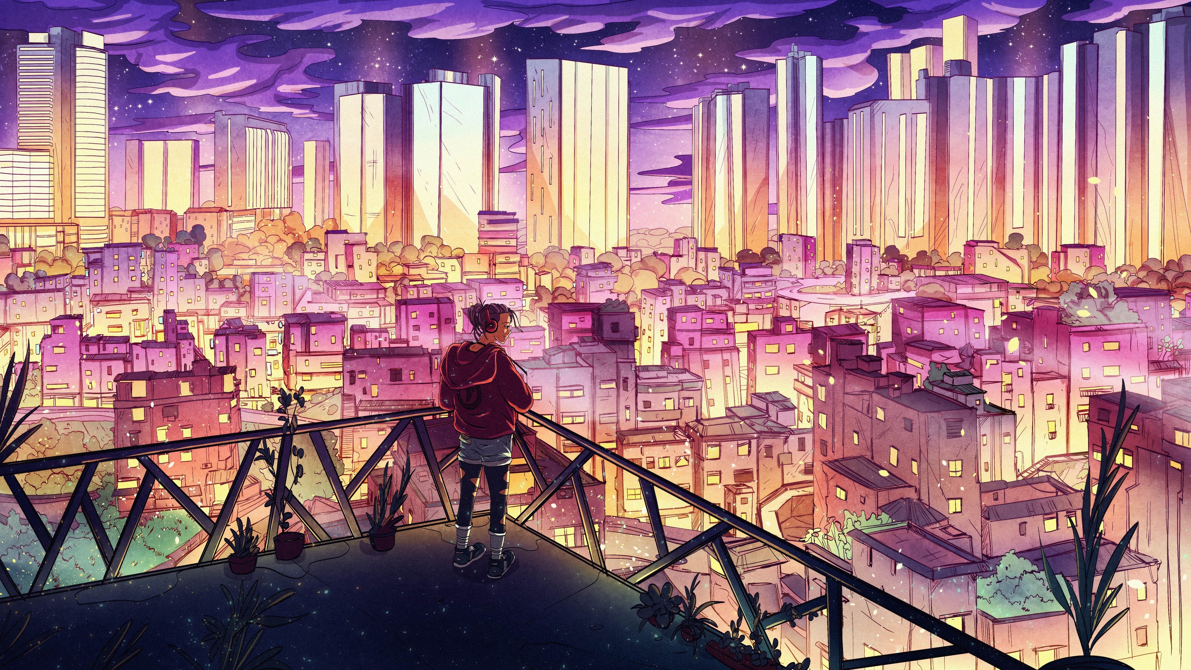 4K, landscape, cityscape, Christian Benavides, clouds, plants, digital art, starry night, headphones, fantasy art HD Wallpaper