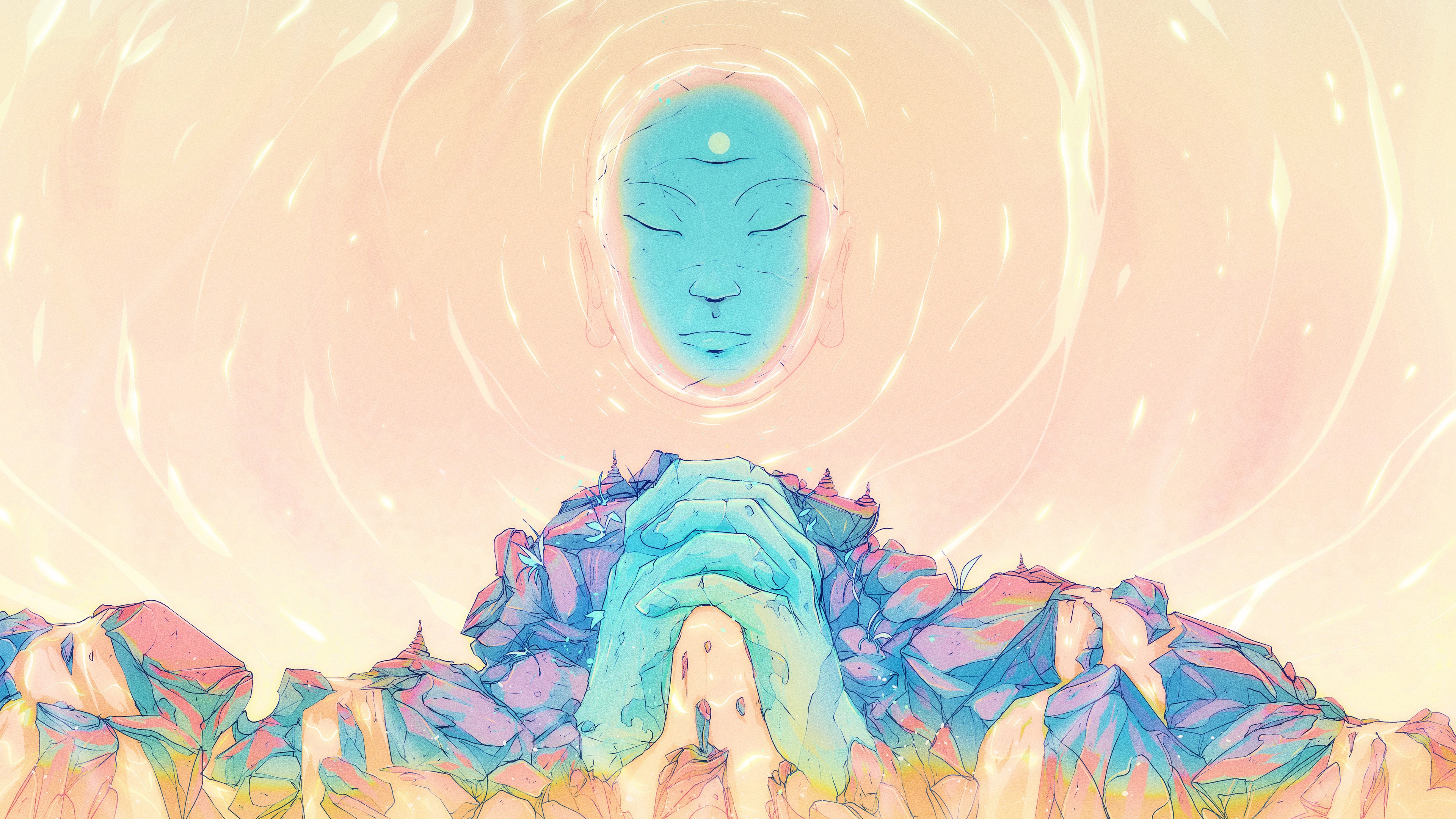 4K, prayer, fantasy art, face, digital art, surreal, Christian Benavides, water, hands, rocks HD Wallpaper