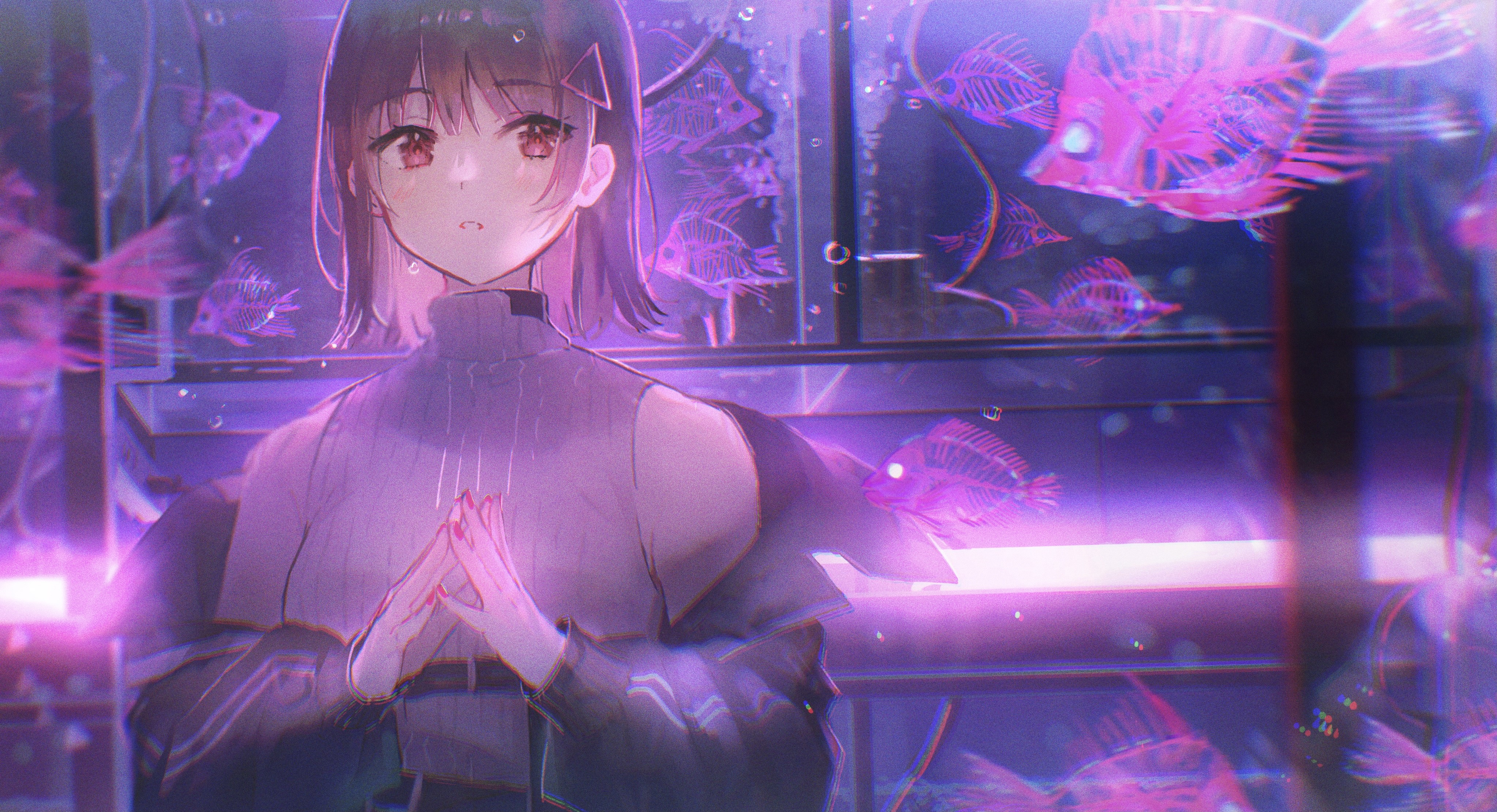 4K, short hair, Oyuyu, brunette, anime, red eyes, anime girls, jacket, fish HD Wallpaper