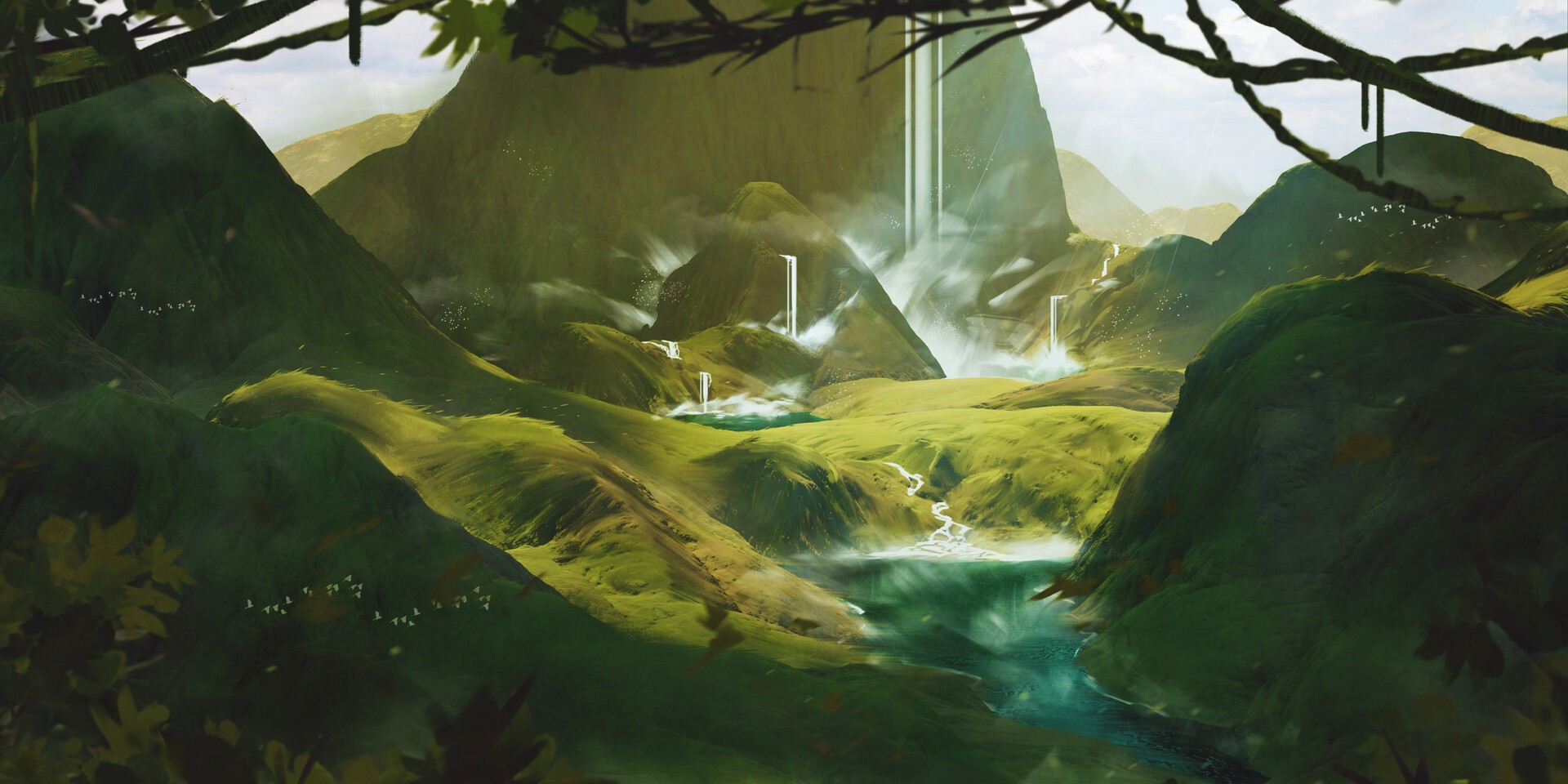 river, forest, waterfall, Dan Roff, digital art, birds HD Wallpaper