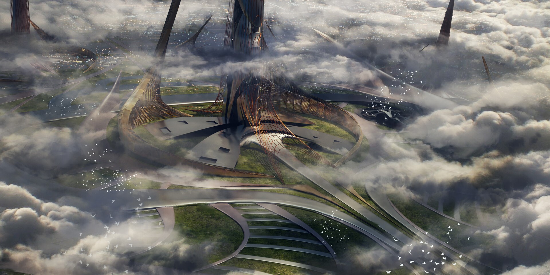 birds, Dan Roff, fantasy architecture, digital art, clouds HD Wallpaper