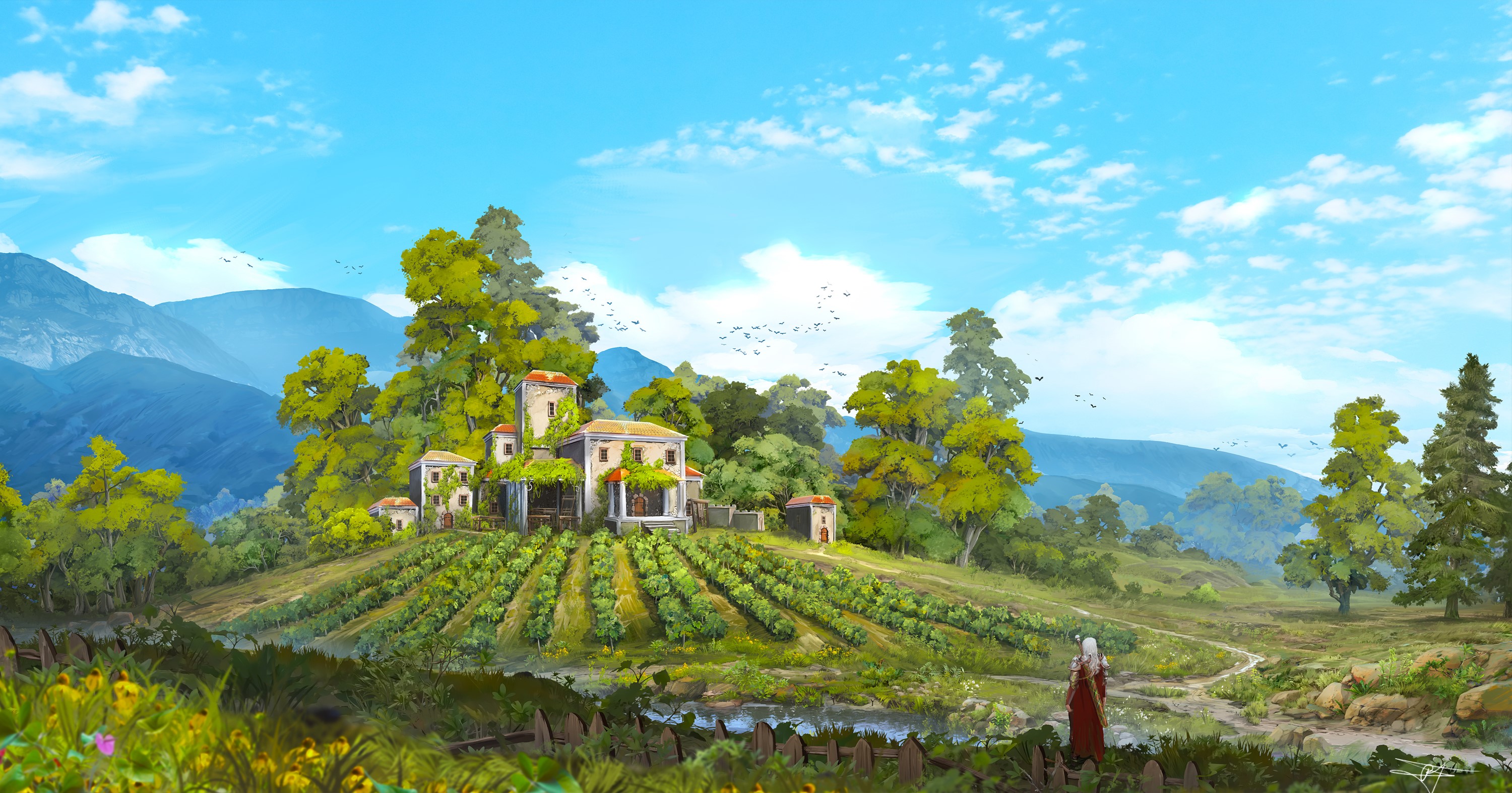 farm, nature, artwork, trees, digital art HD Wallpaper