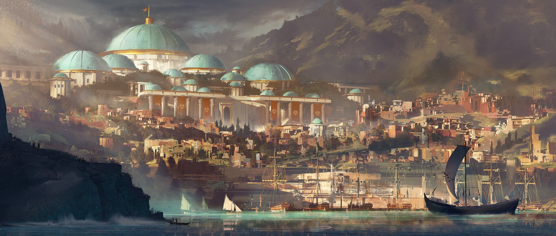 artwork, city, digital art, river, building HD Wallpaper