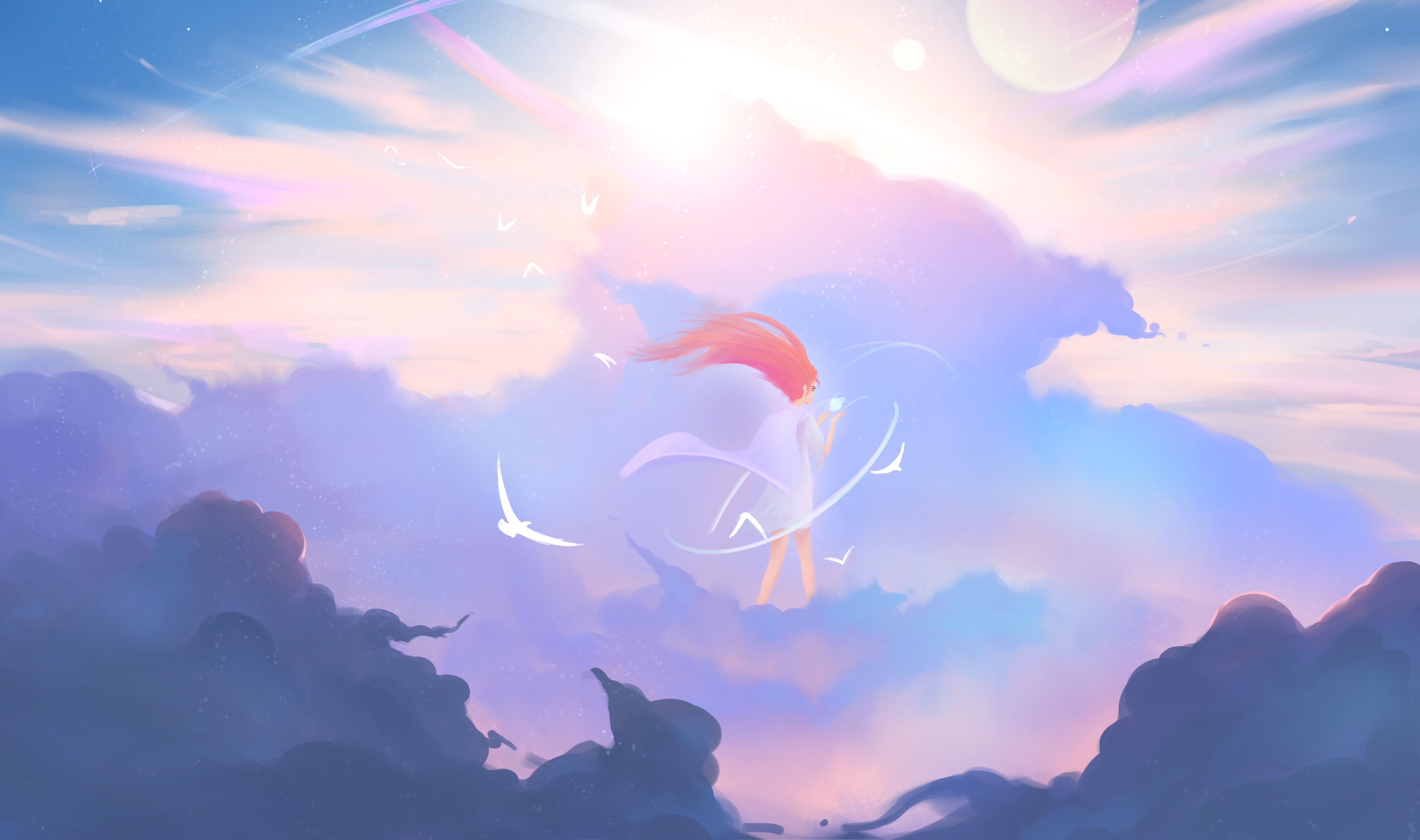 4K, landscape, digital art, clouds, illustration, Limboartwork, artwork, digital painting, birds HD Wallpaper