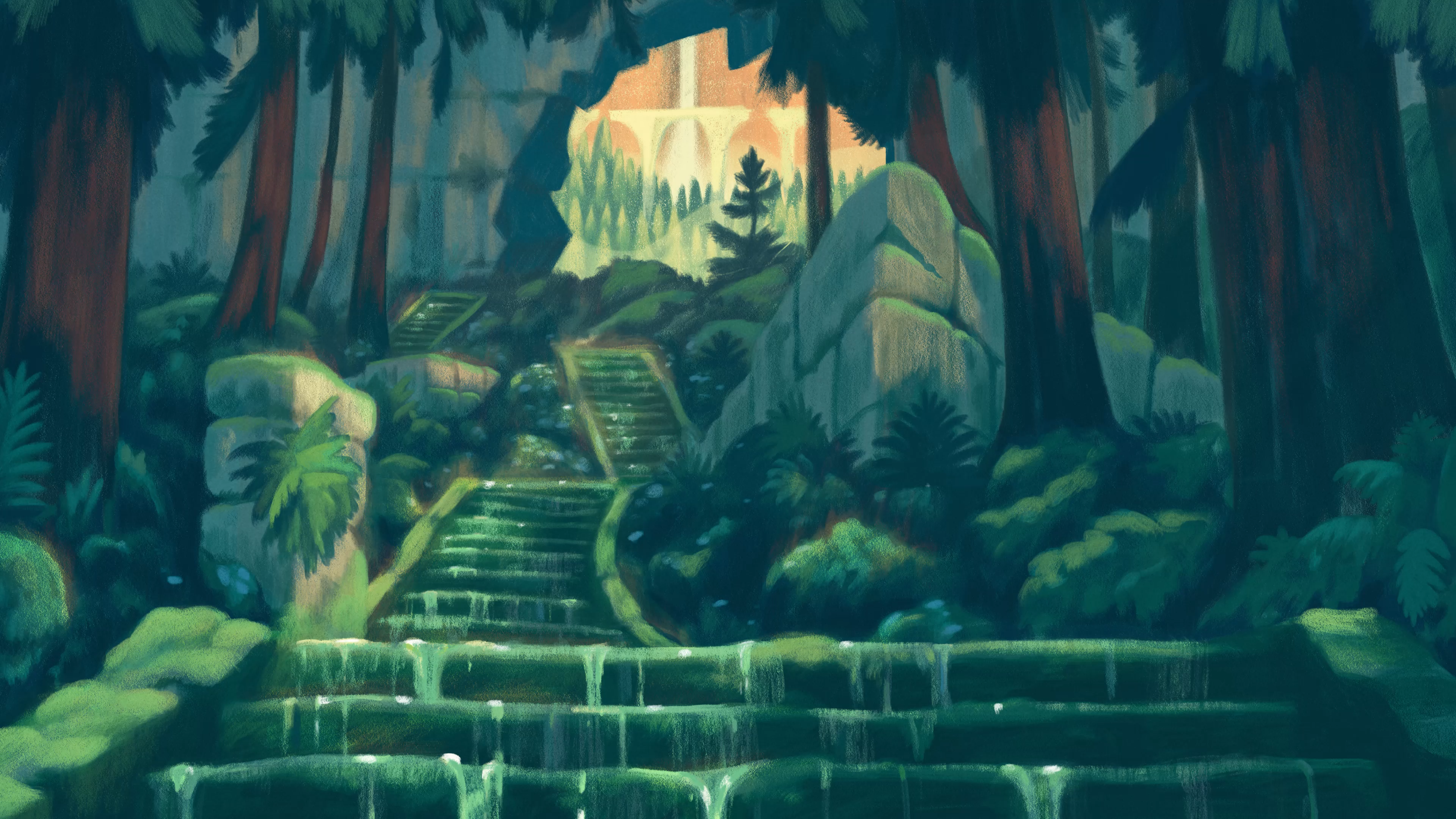 4K, trees, water, stairs, plants, Sean Lewis, forest HD Wallpaper