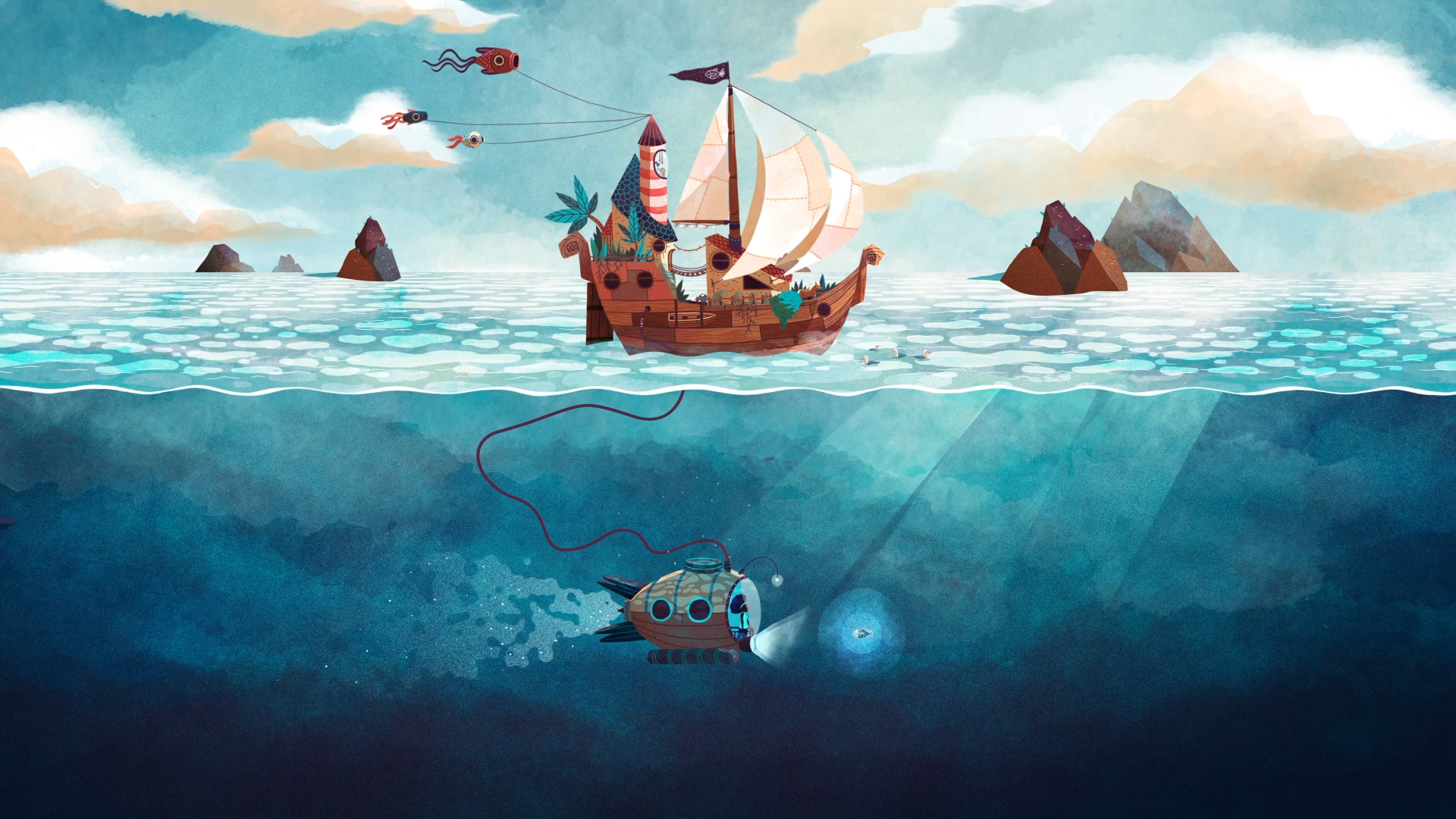 vehicle, fish, rocks, waves, Tristan Gion, ship, kites, sailing ship, artwork, submarine, clouds, underwater, water, sea HD Wallpaper