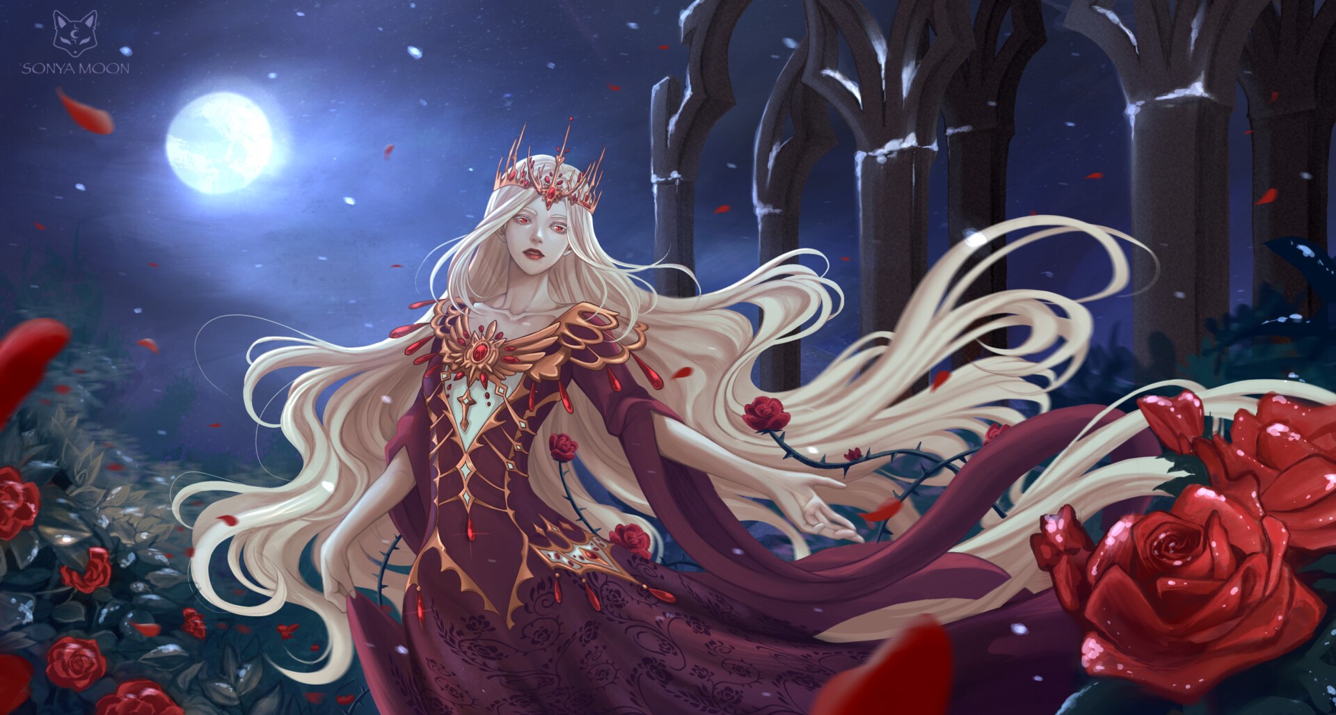 fantasy girl, plants, women, Sonja Moon, fantasy art, Moon, long hair, ArtStation, red lipstick, artwork, crown, rose, dress, red eyes, flowers HD Wallpaper