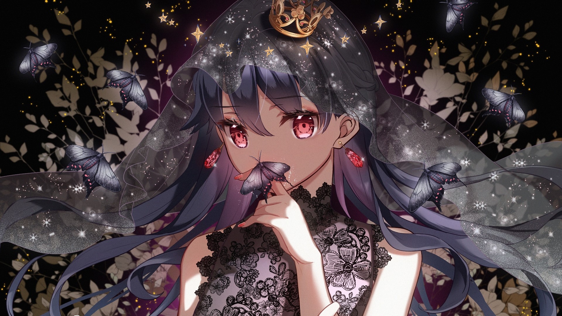 Elegant Anime Girl with Crown and Butterflies HD Wallpaper