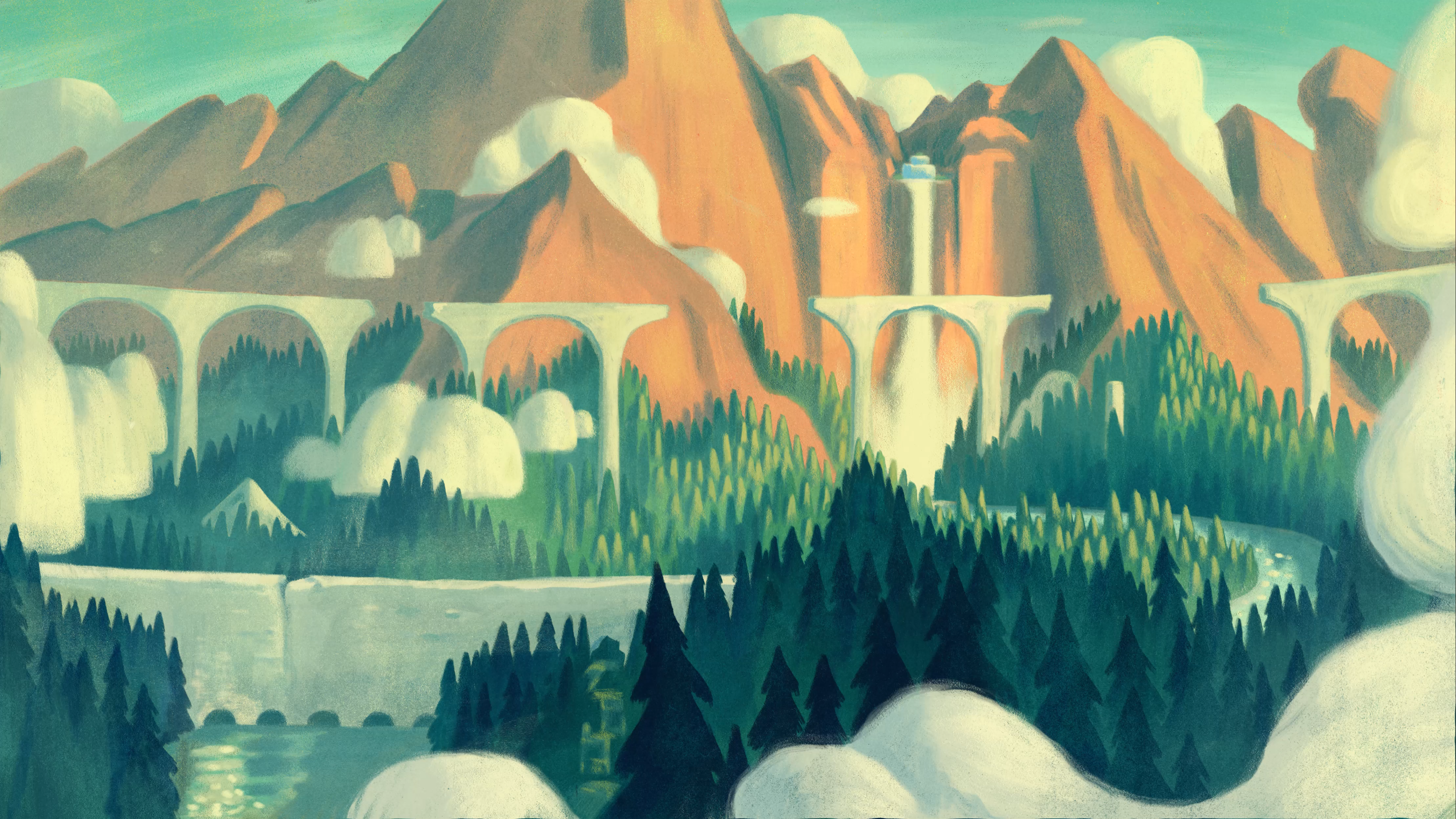 4K, trees, mountains, water, waterfall, forest, clouds, Sean Lewis HD Wallpaper