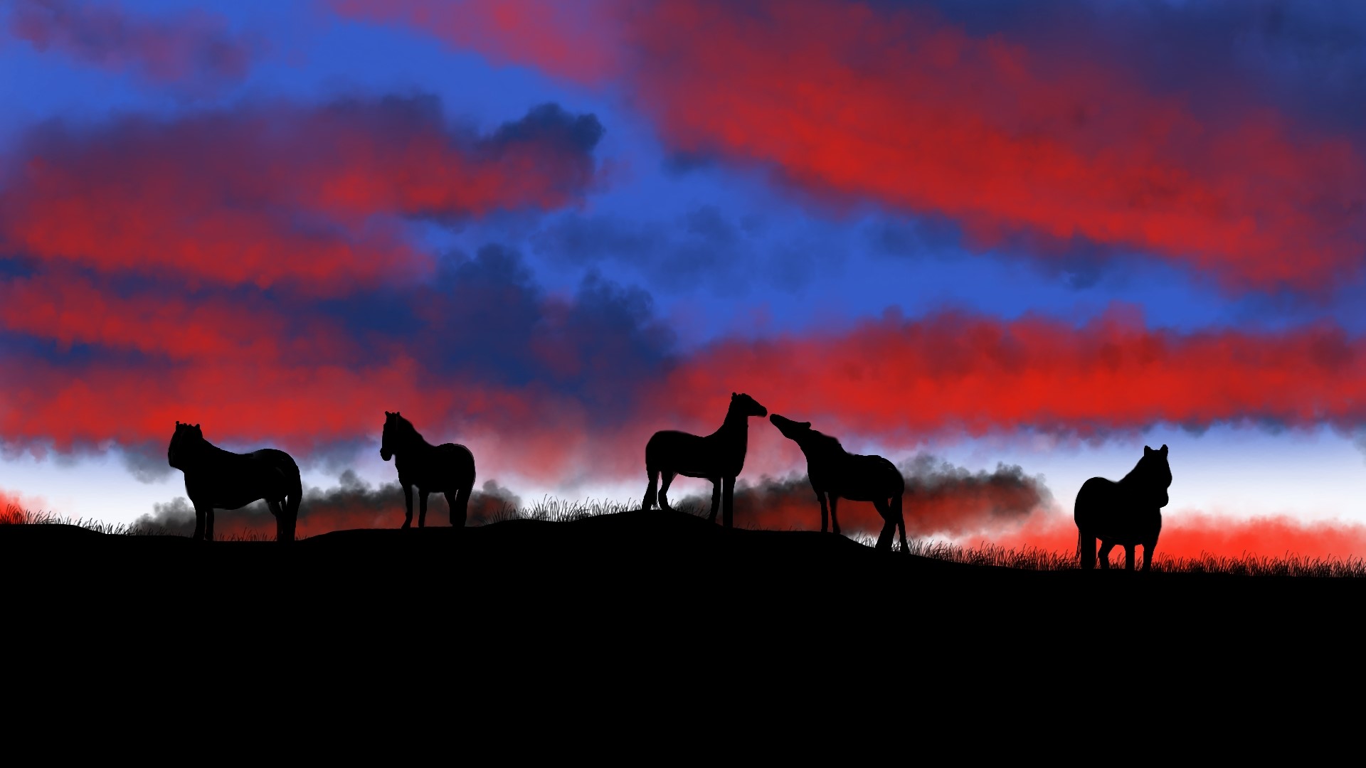 sky, digital painting, nature, horse, animals HD Wallpaper
