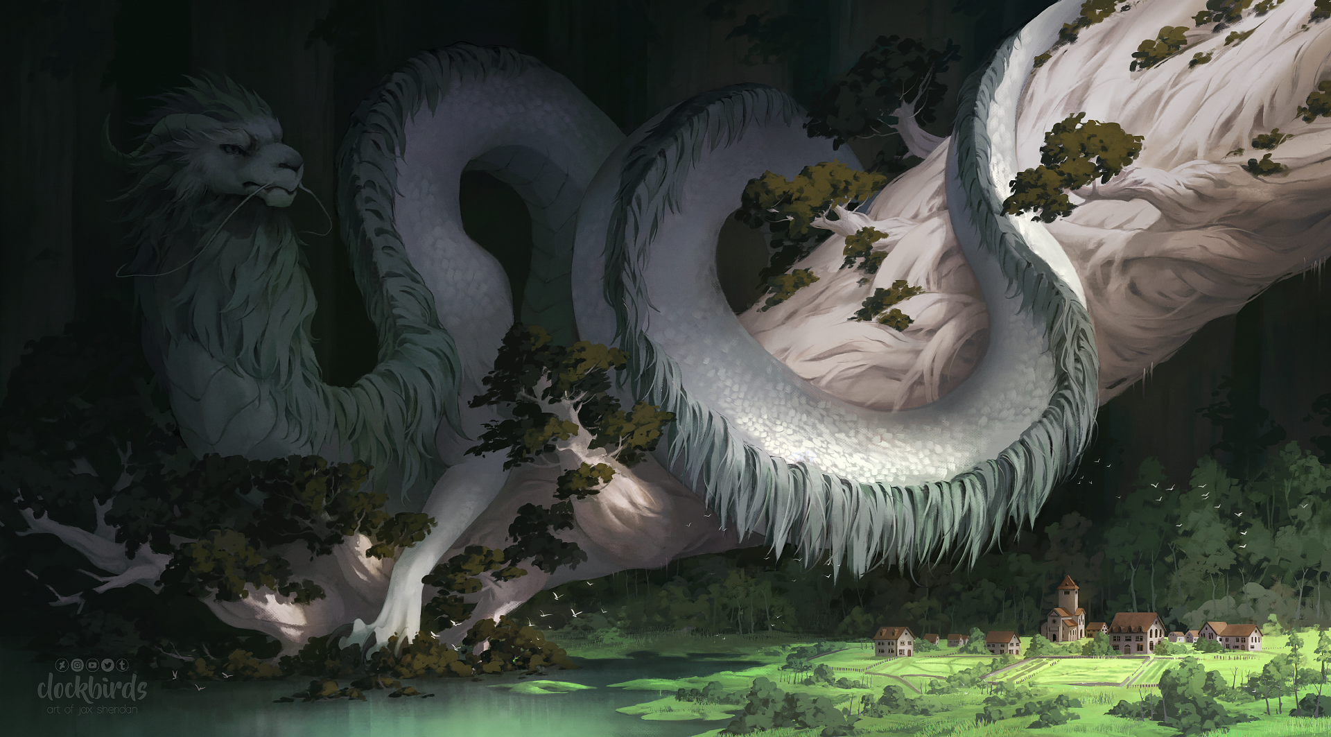 dragon, chinese dragon, loong, trees, illustration, digital art, forest, village, creature HD Wallpaper