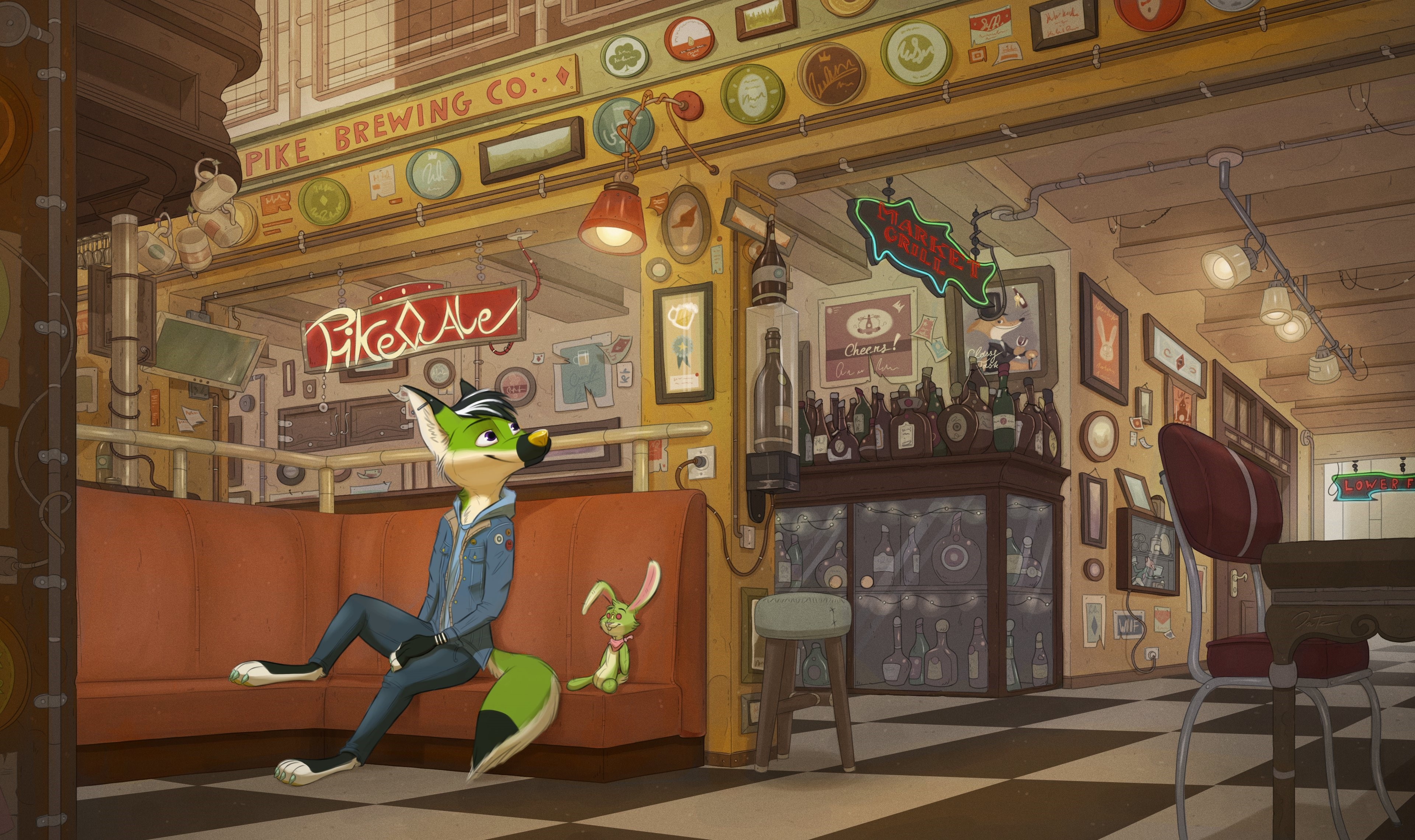 4K, fox, lamp, rabbits, bandanas, bottles, denim jacket, chair, fairy lights, Anthro, stools HD Wallpaper
