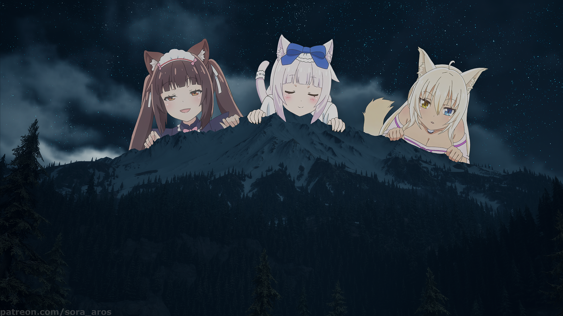 landscape, cat girl, Chocolat (Neko Para), Coconut (Neko Para), Neko Para, night, Vanilla (Neko Para), hills, mountains, anime girls, picture-in-picture HD Wallpaper