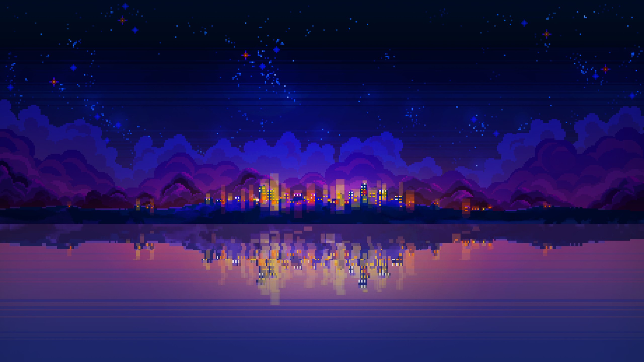 digital, pixel art, lake, clouds, night, stars, city lights, sea side HD Wallpaper