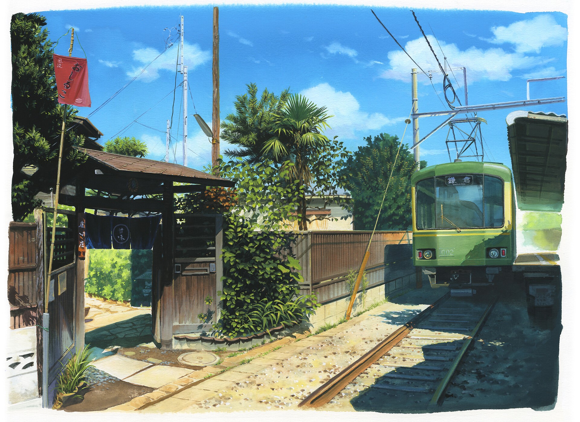 palm trees, cityscape, trees, train, digital art, artwork, nature HD Wallpaper