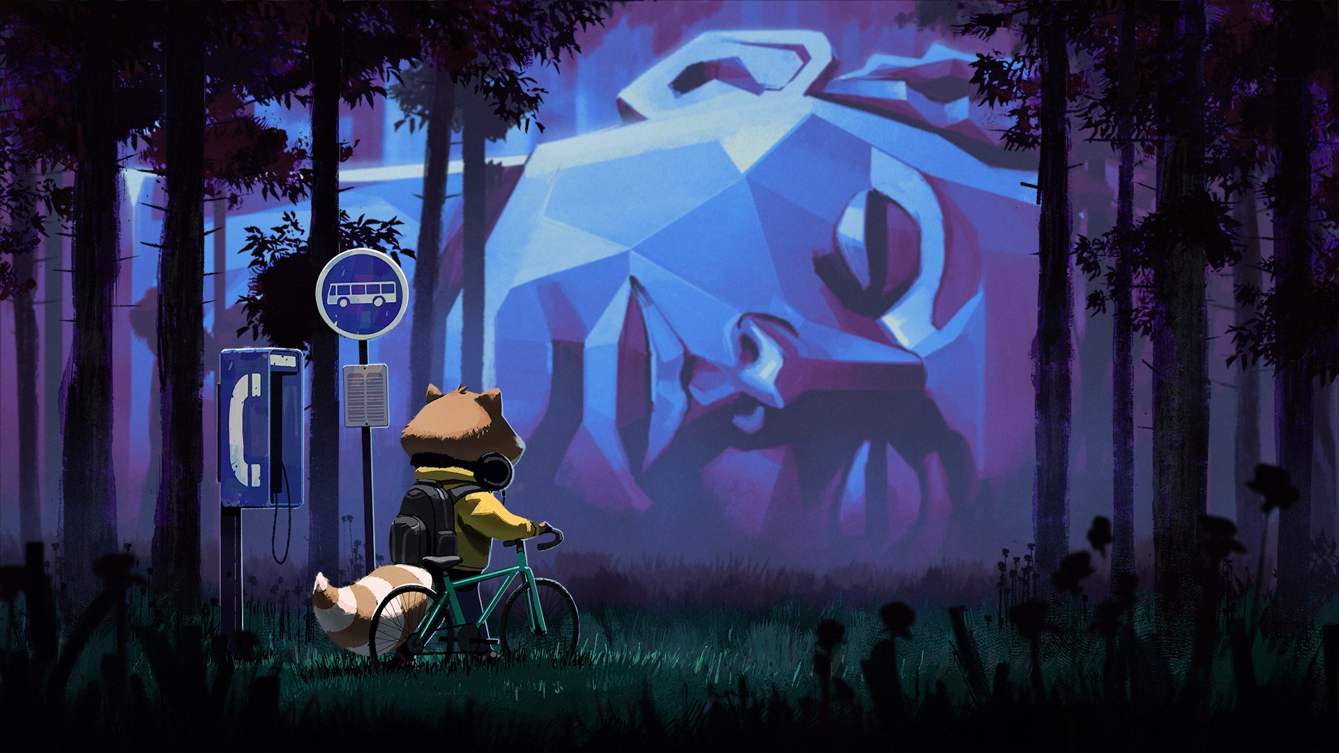 bus stop, payphone, Anthro, forest clearing, night, Simon Leclerc, raccoons, bicycle HD Wallpaper