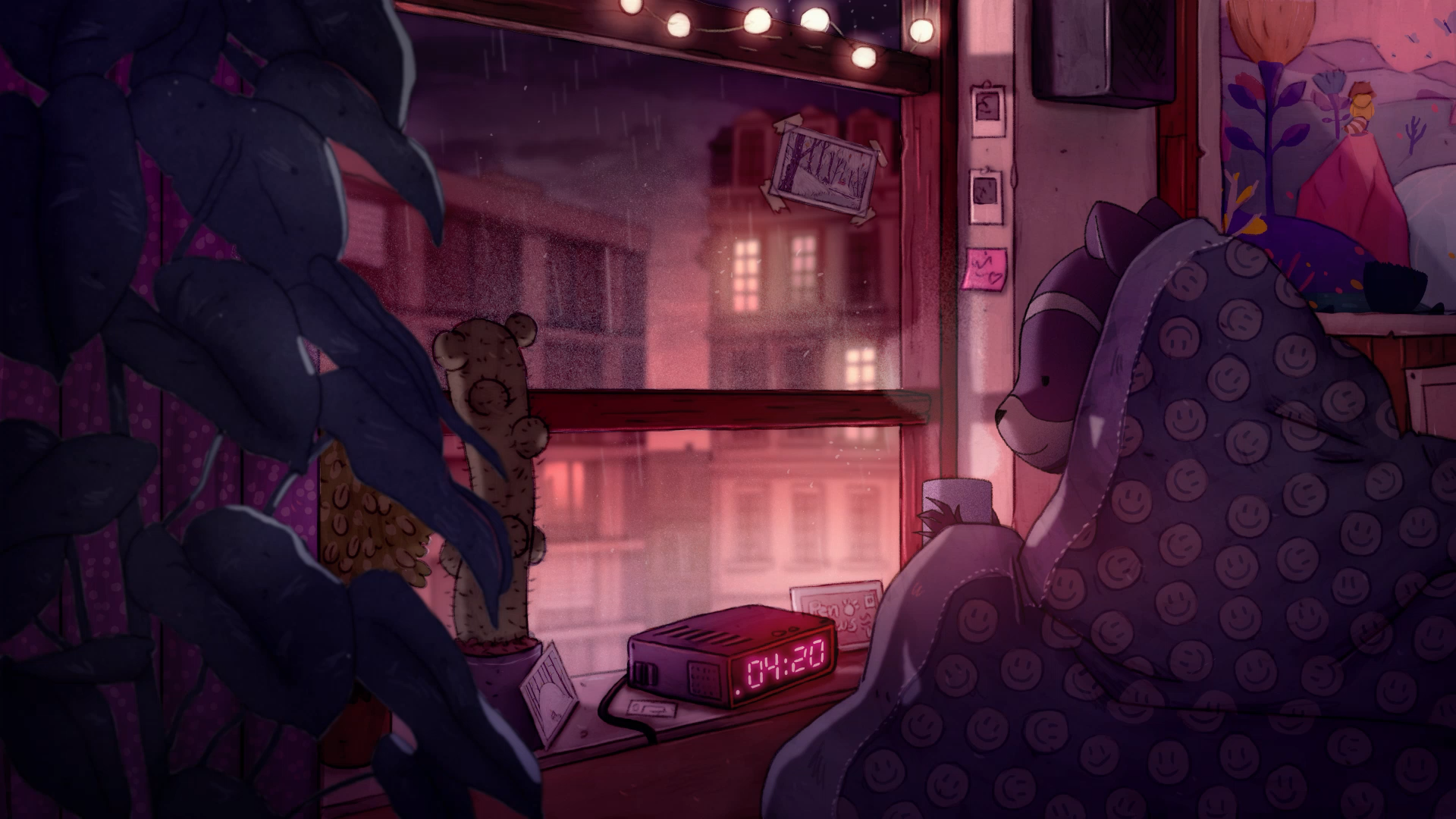 Tevy Dubray, Jeoffrey Magellan, Anthro, sheets, raccoons, blankets, window sill, plants, cup, alarm clock, night, flowerpot HD Wallpaper