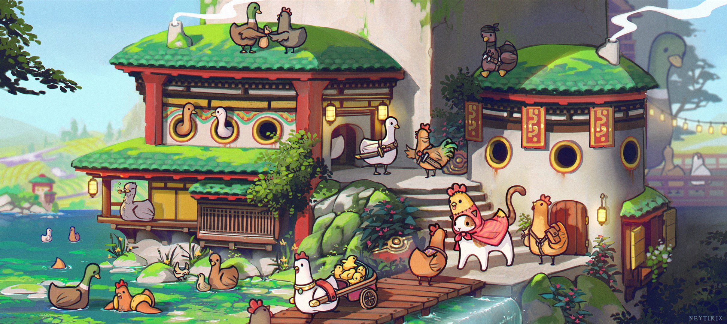 Neytirix Village with Ducks and Chickens HD Wallpaper