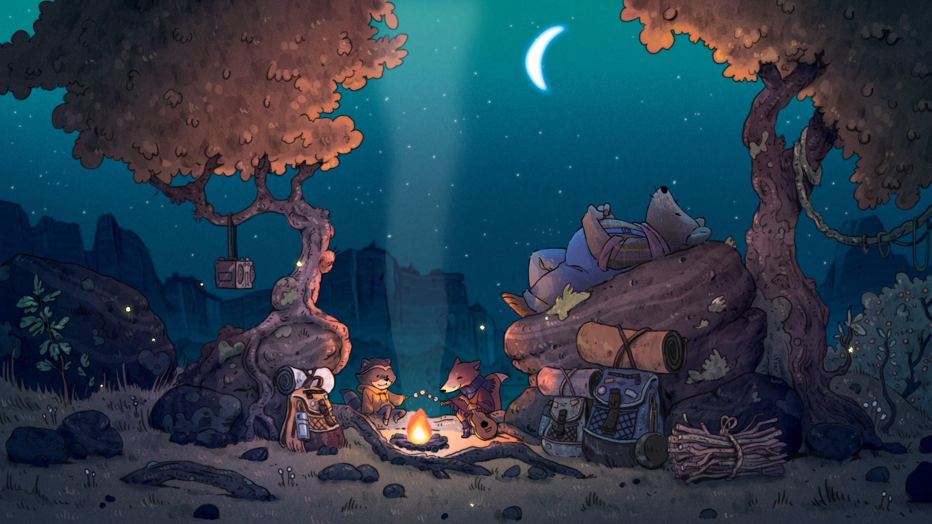 Fox, Bears, and Raccoons Campfire Under Moonlight HD Wallpaper