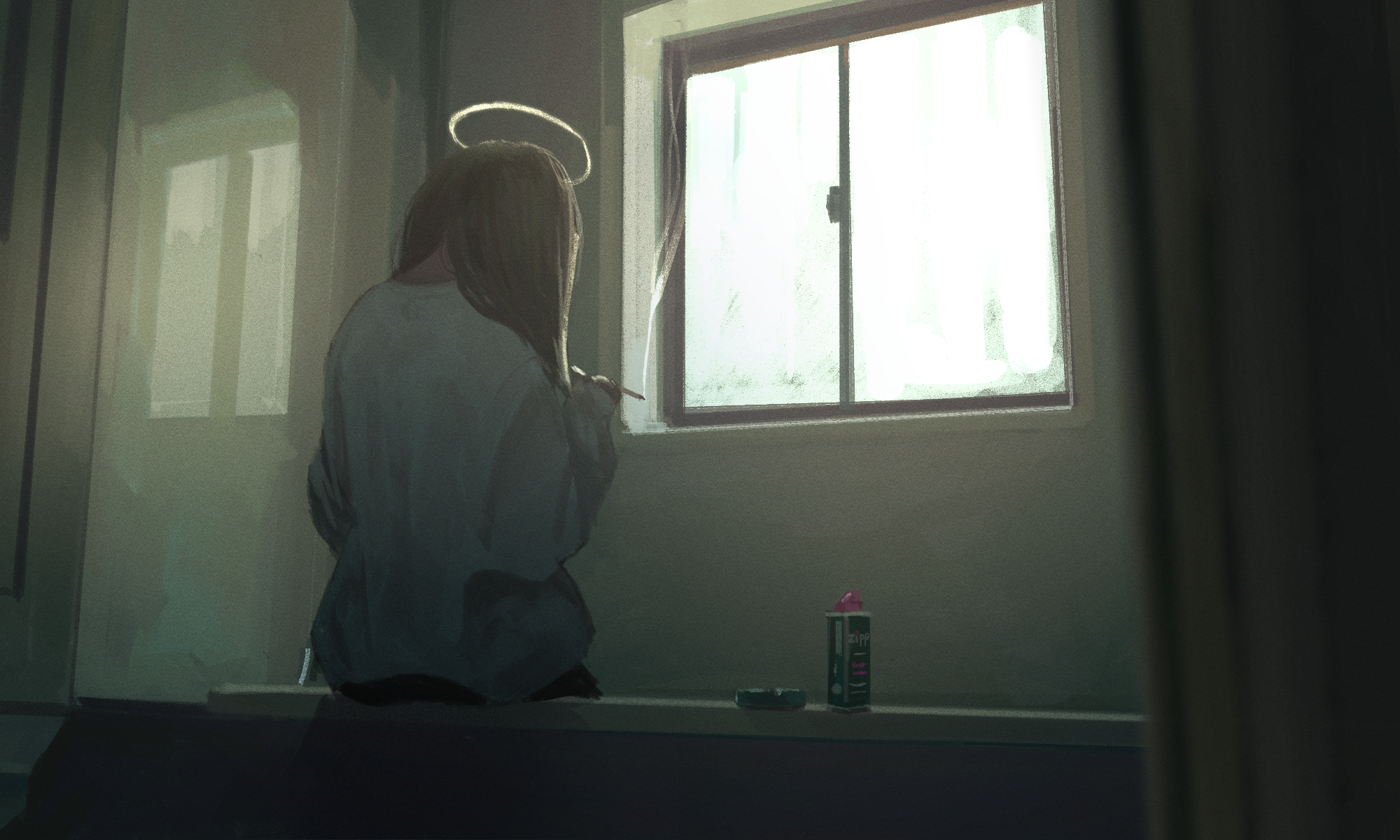 sitting, anime, nimbus, cigarettes, window, anime girls HD Wallpaper