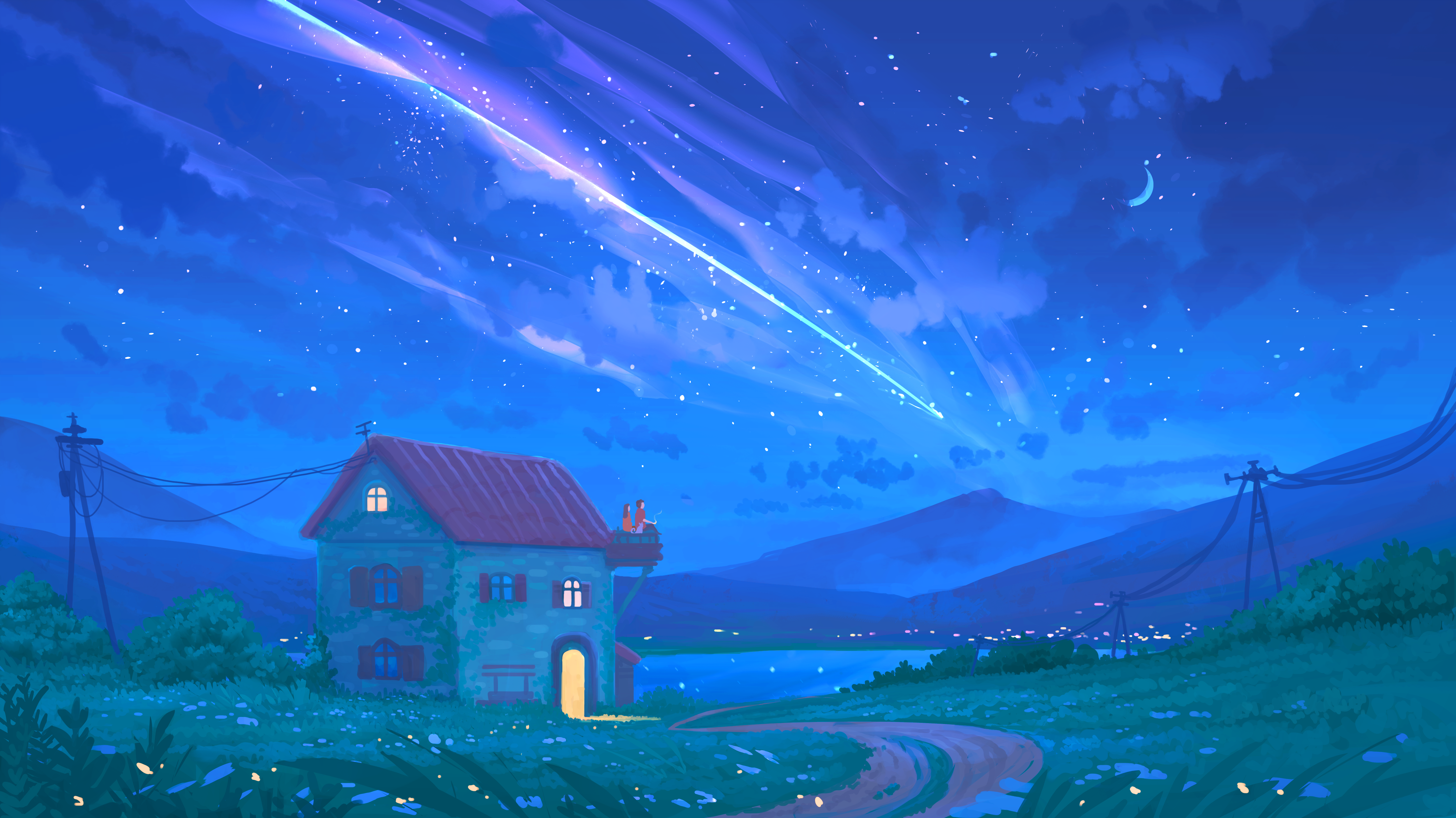 4K, sky, house, artwork, Moon, night, stars, nature, shooting stars HD Wallpaper