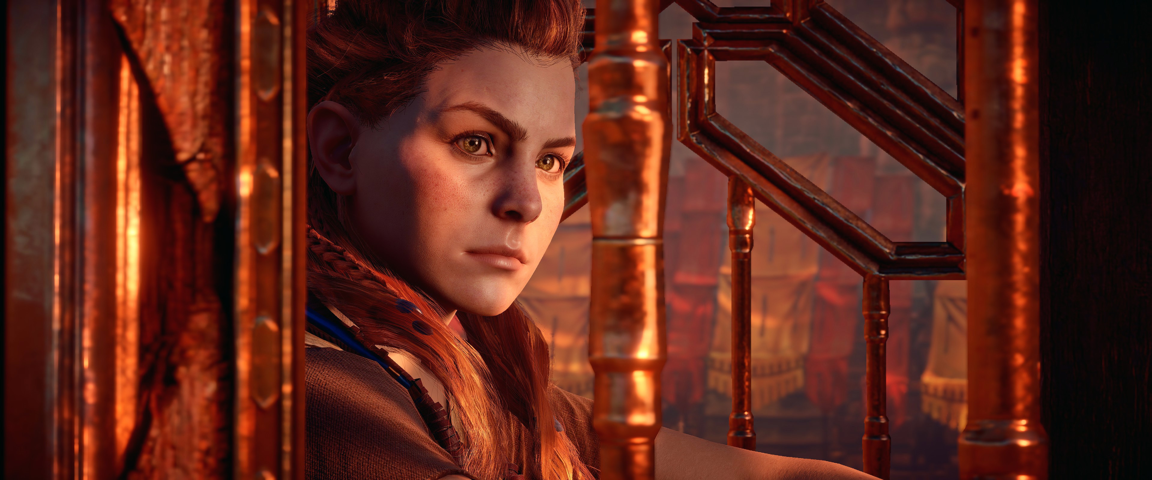 4K, Horizon: Zero Dawn, warm light, Aloy (Horizon: Zero Dawn), stare, Video Game Heroes, PC gaming, warm colors, Game CG HD Wallpaper