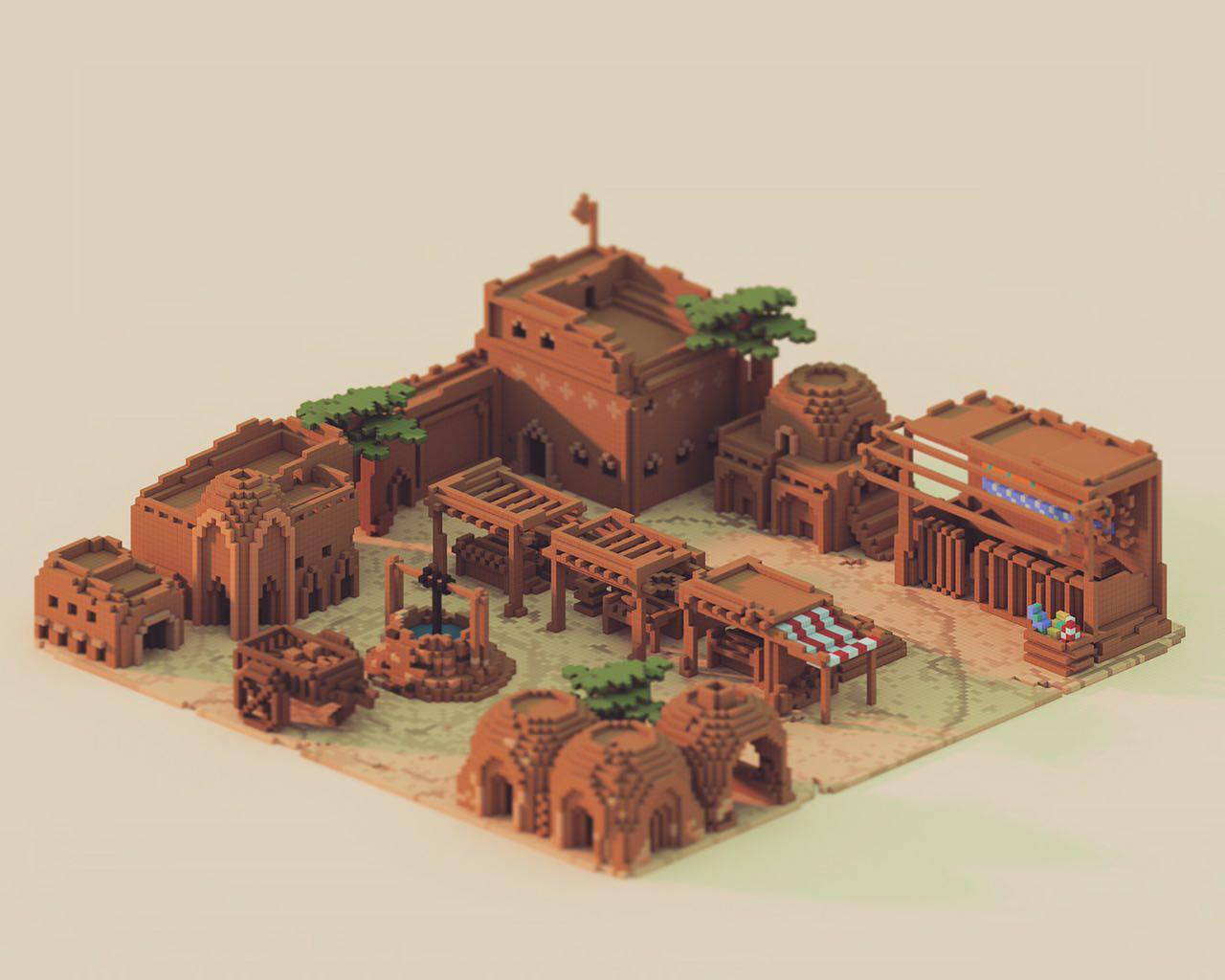 digital art, isometric, ArtStation, Mari K, Market, voxels, artwork HD Wallpaper