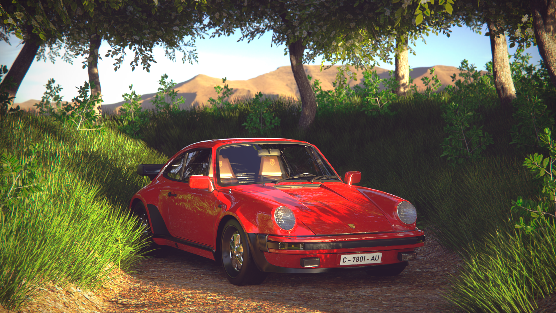 vehicle, sports car, render, plants, outdoors, rendering, numbers, CGI, Porsche, digital art, trees, red cars HD Wallpaper