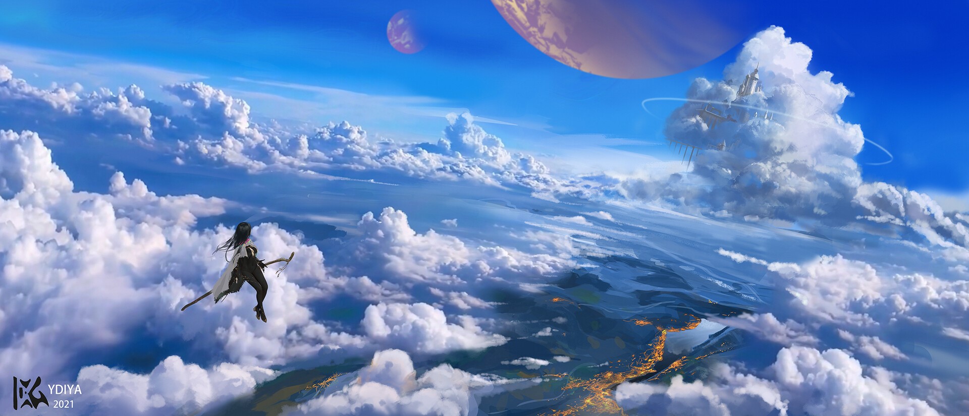 flying, Shiwen Liu, artwork, ArtStation, clouds, Ydiya Kai, women HD Wallpaper