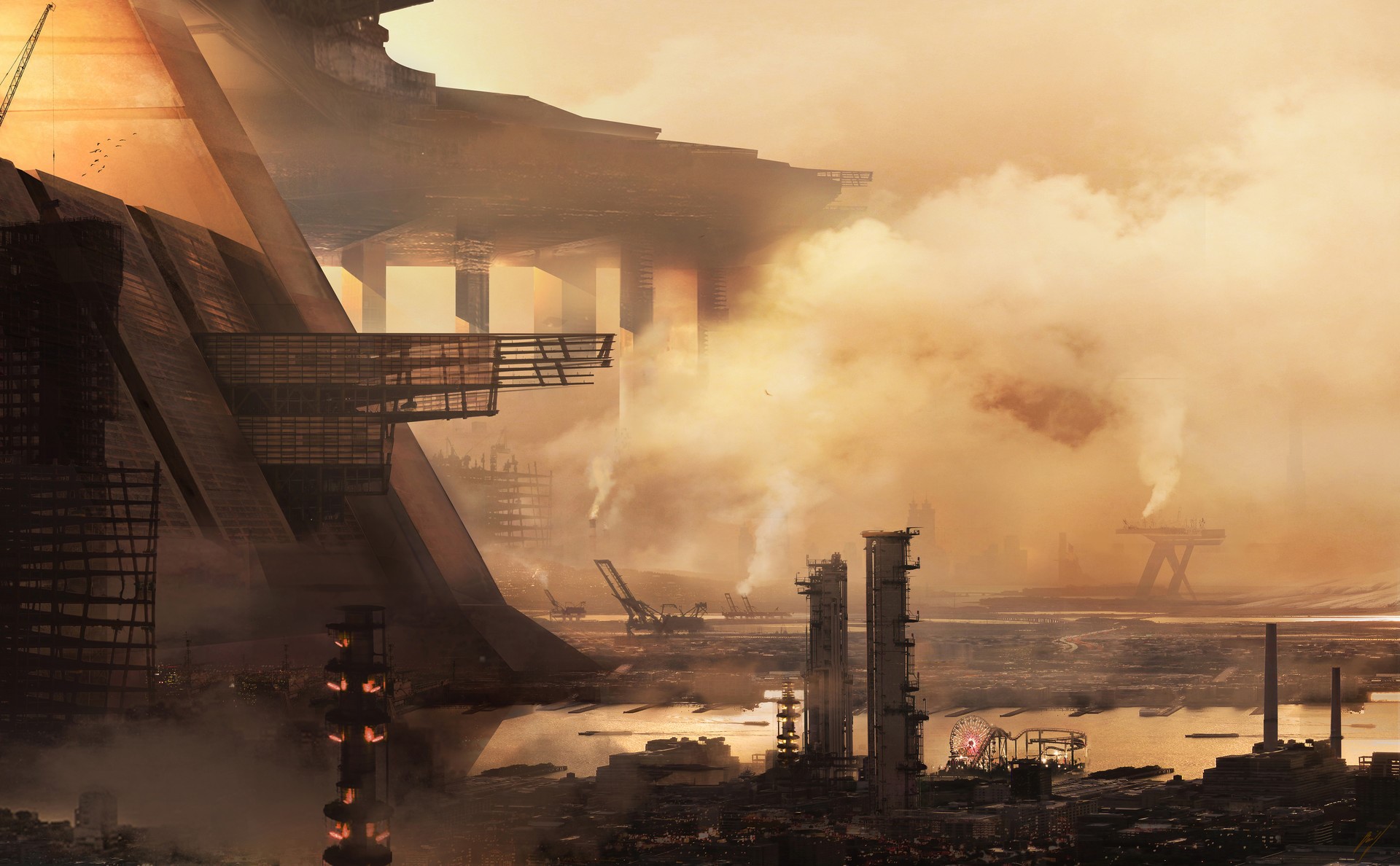 cityscape, futuristic, futuristic city, artwork, ArtStation, Antoine Baudino, smoke HD Wallpaper