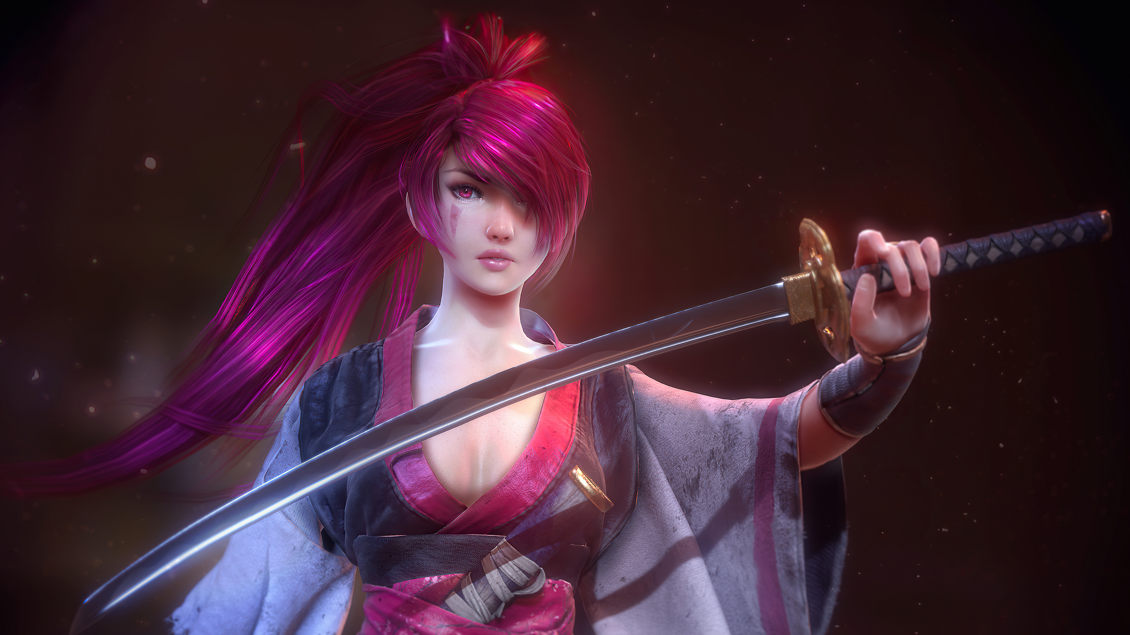 Fantasy Woman Warrior with Pink Hair and Katana HD Wallpaper