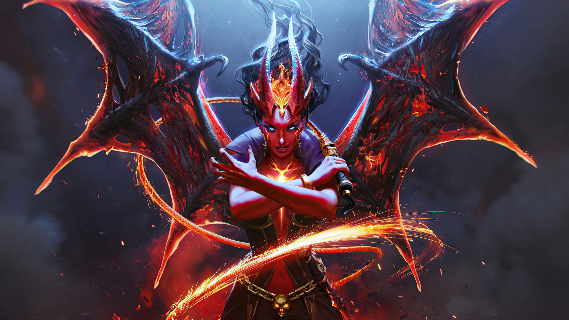 Fantasy Demon Woman with Horns and Wings HD Wallpaper
