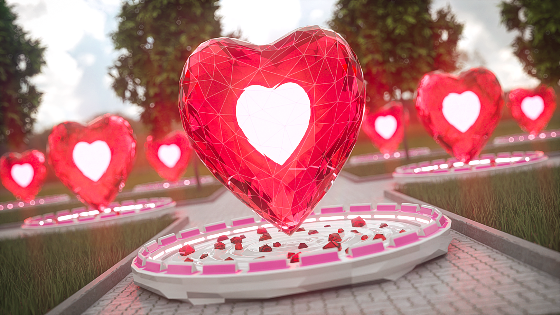 glowing, bokeh, 3D Abstract, digital, sunlight, 3D graphics, grass, heart (design), render HD Wallpaper