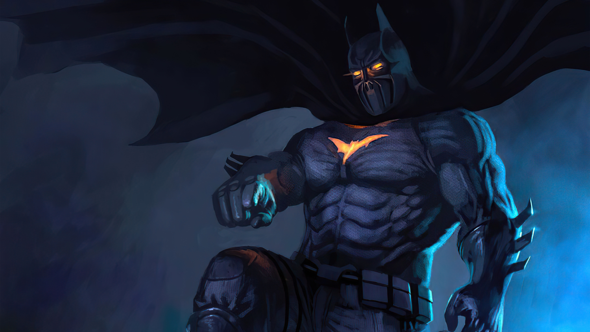 Batman in dark suit with glowing eyes HD Wallpaper