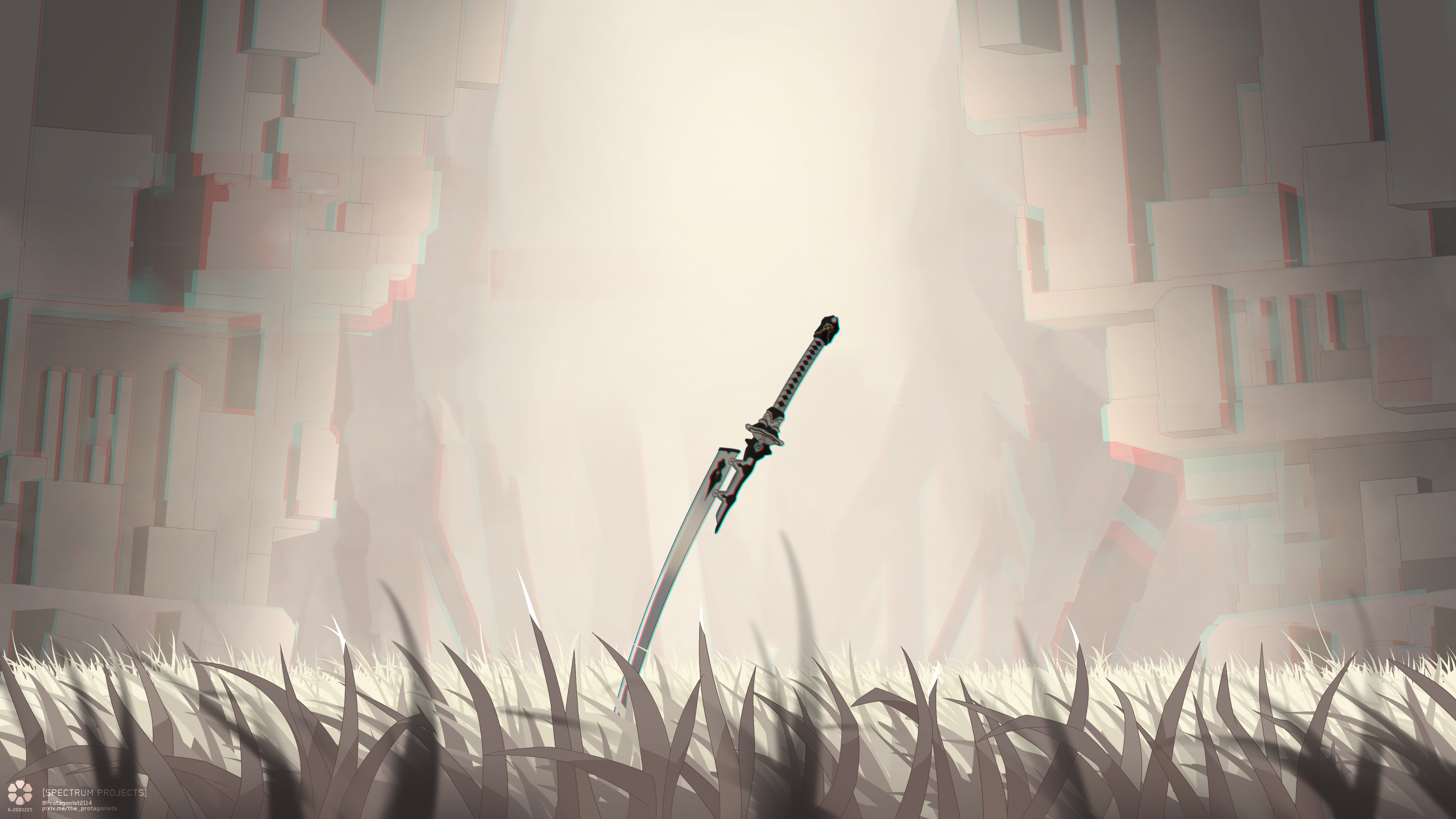 4K, grass, digital art, anaglyphic, sword, Nier: Automata HD Wallpaper