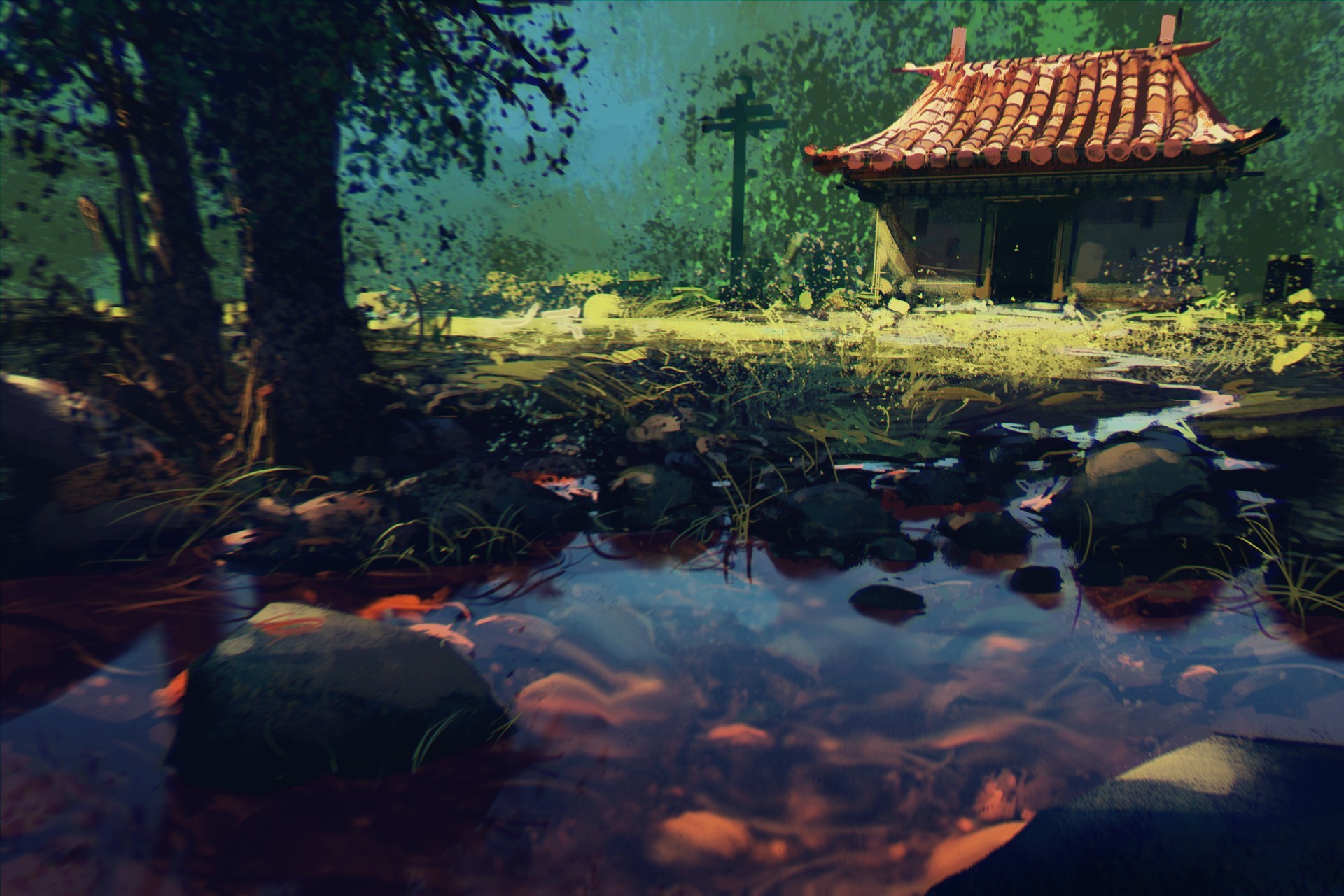 cabin, lake, artwork, nature HD Wallpaper
