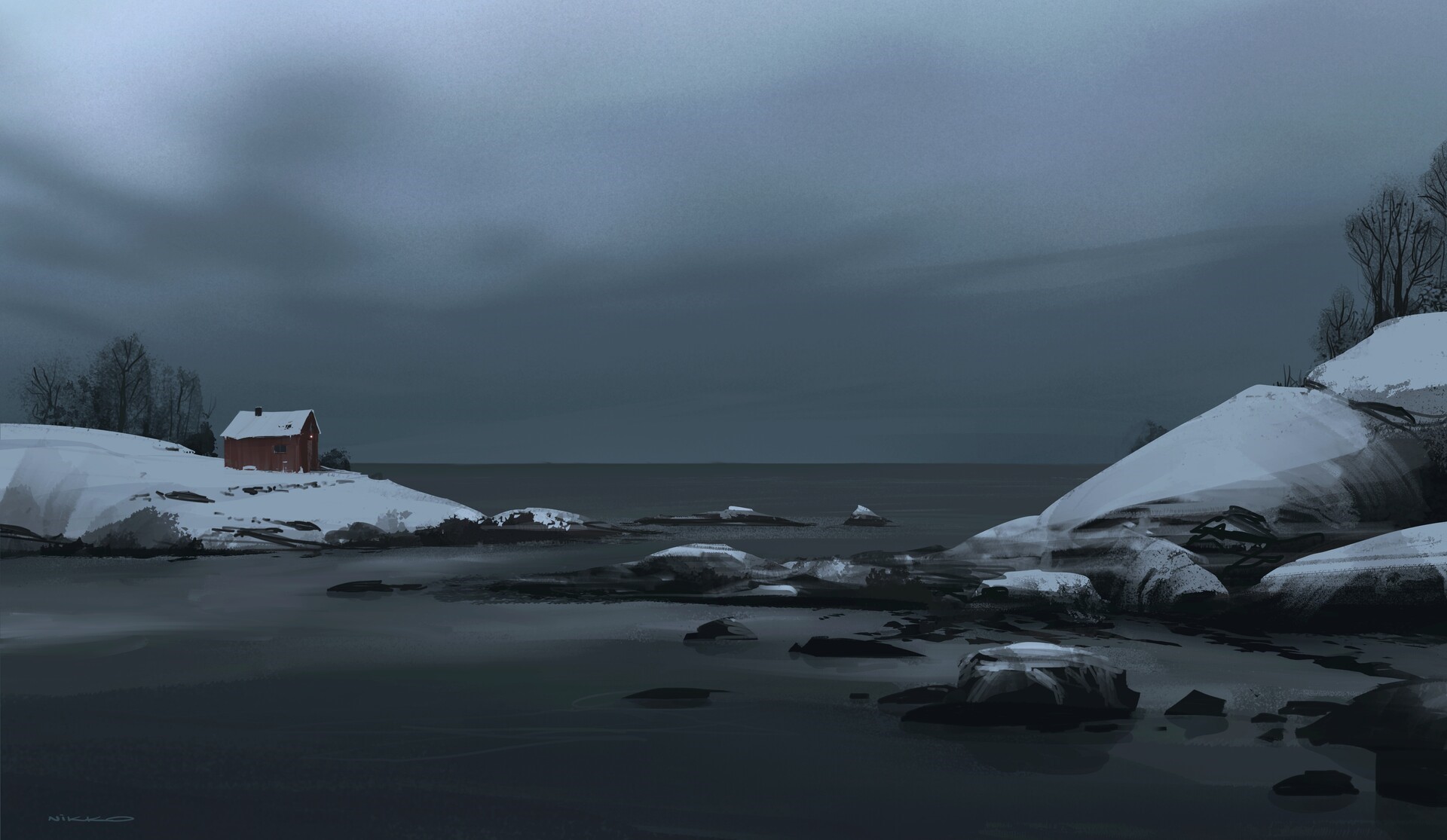 cabin, nature, winter, snow, artwork HD Wallpaper