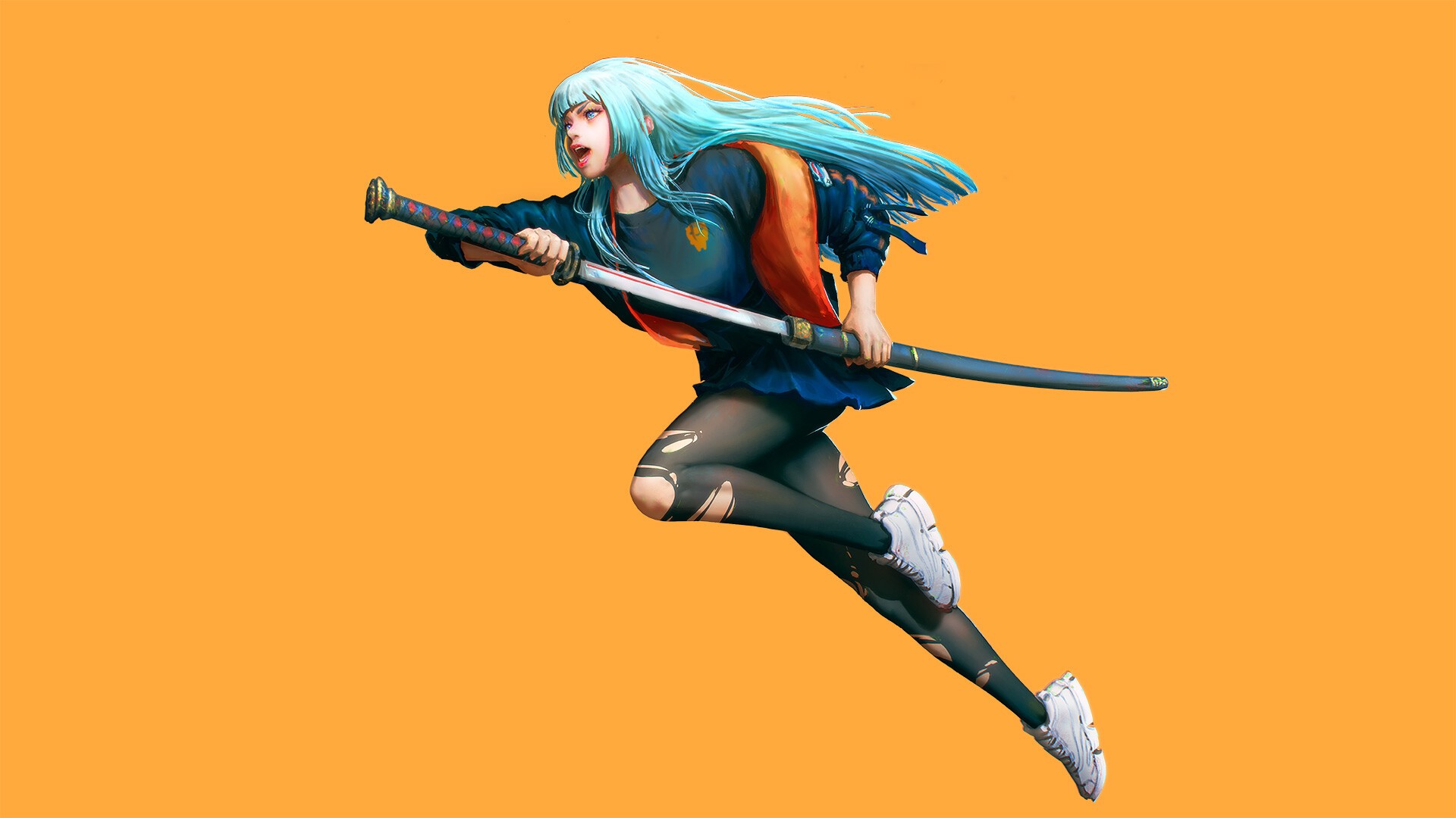 orange background, artwork, pantyhose, torn pantyhose, open mouth, LightBox, long hair, weapon, sword, girls with swords, women, aqua hair, katana HD Wallpaper