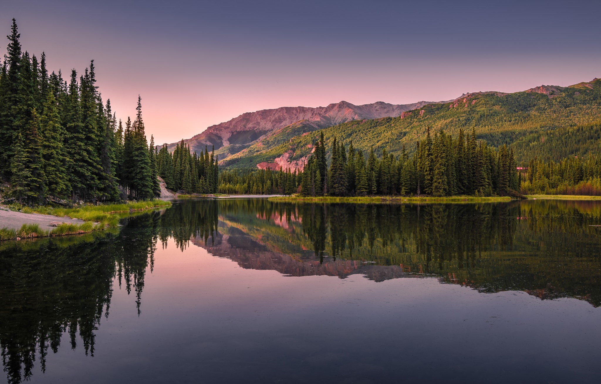 David Dai, reflection, horizon, landscape, sky, purple sky, water, nature, trees, hills HD Wallpaper