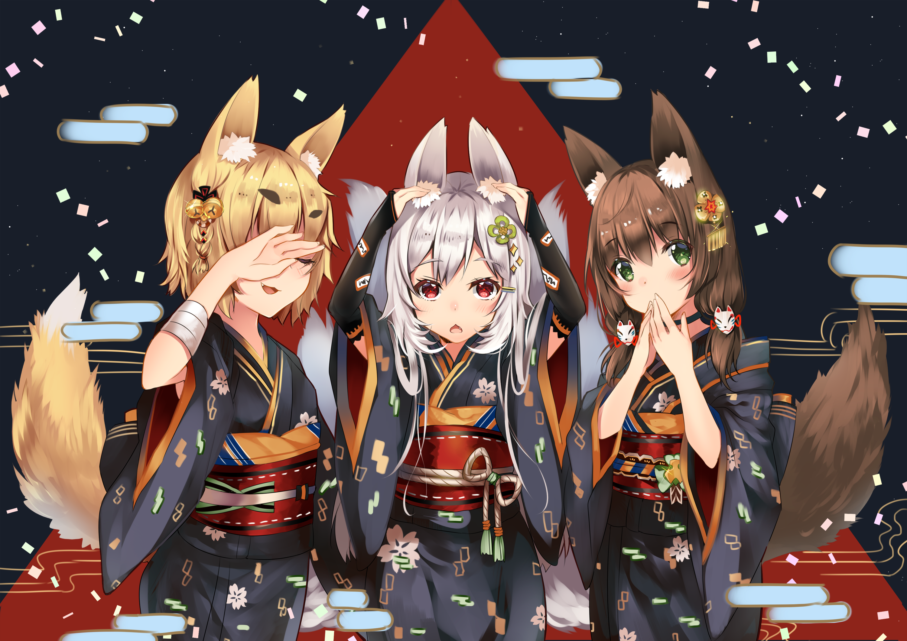 tail, Usagihime, silver hair, Japanese clothes, animal ears, kimono, brunette, fox ears, anime girls, fox girl, blonde, animal tail, artwork HD Wallpaper