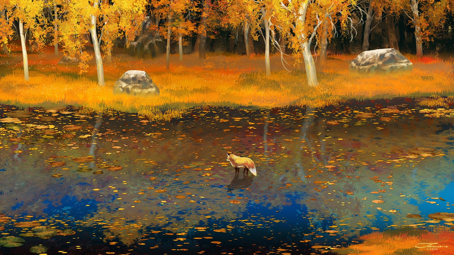 river, watermother Jian, fall, rocks, digital art, fox, forest, fantasy art, lily pads HD Wallpaper
