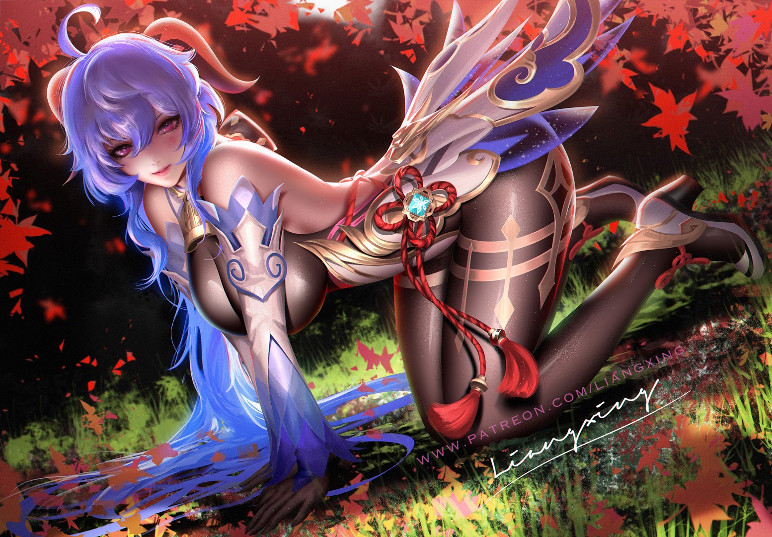 horns, Ganyu (Genshin Impact), Liang-Xing, Genshin Impact, bent over, blue hair, bodysuit, anime girls, long hair HD Wallpaper